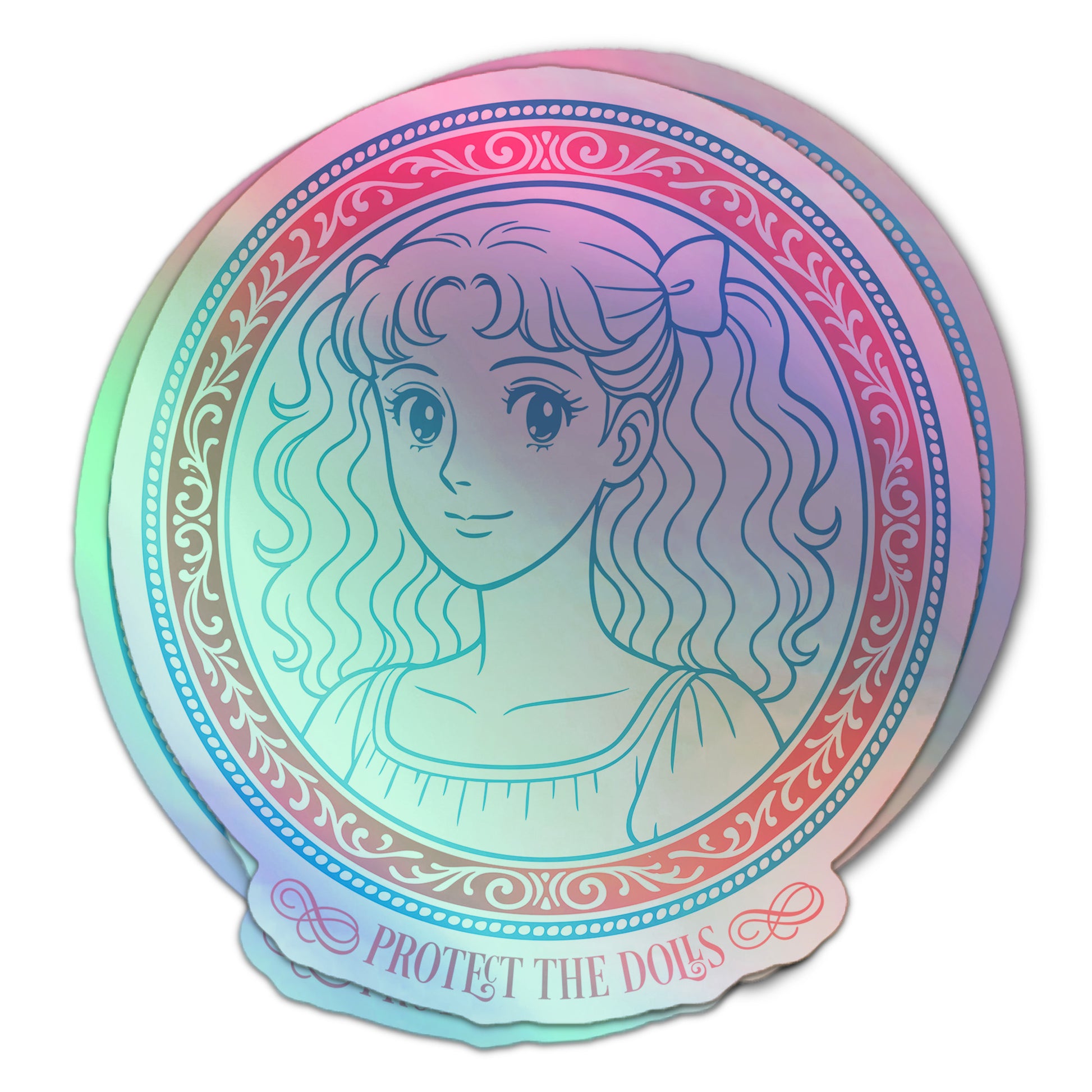Protect the Dolls Trans Rights holographic sticker featuring manga-style girl with curly hair in ornate circular frame.