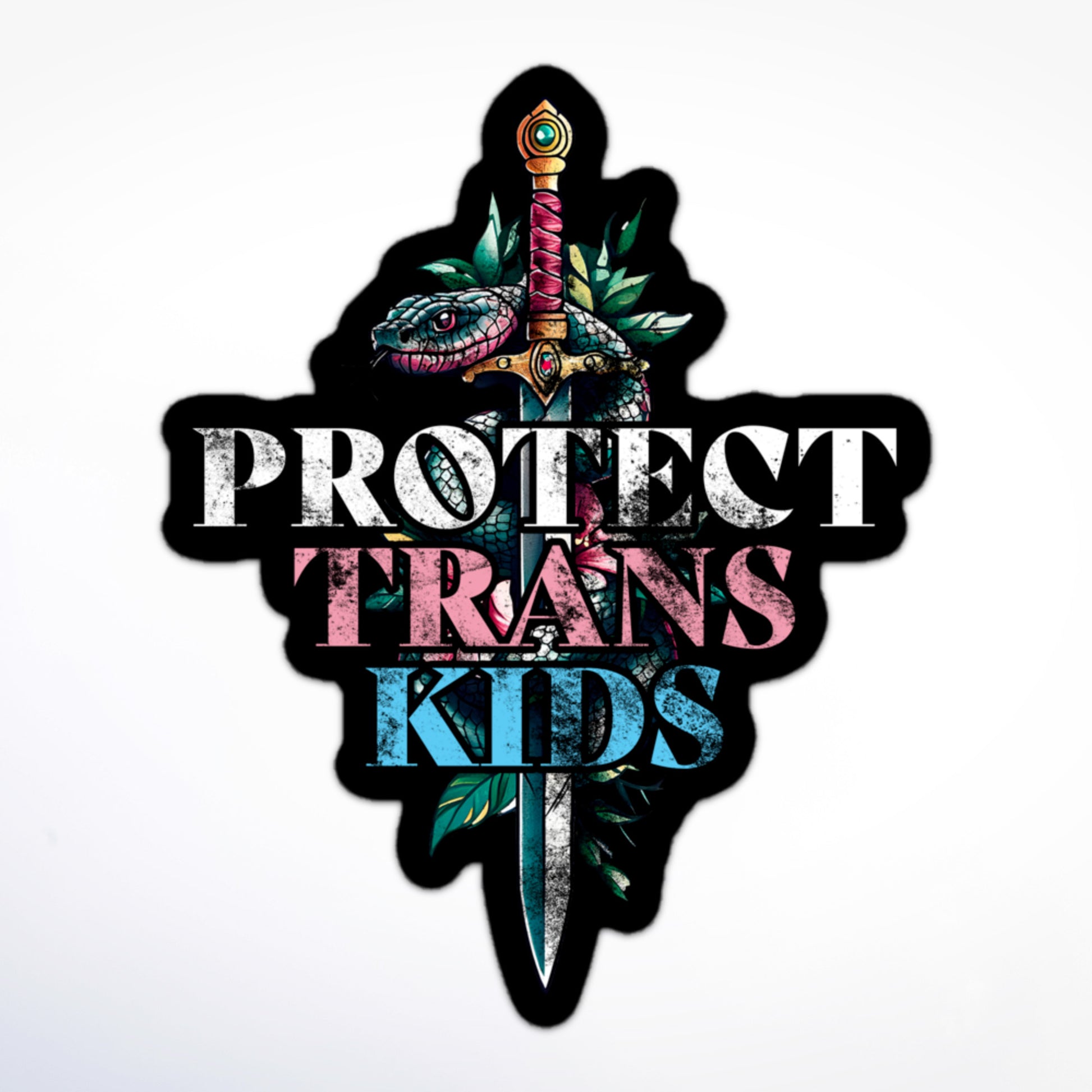 Sticker featuring a sword entwined with a snake and surrounded by leaves, with bold “Protect Trans Kids” lettering in white, pink, and blue.
