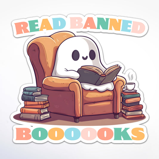 Sticker of a cute ghost reading a book in a cozy orange armchair, surrounded by stacks of books and a steaming cup of coffee, with colorful “Read Banned Boooooks” text.
