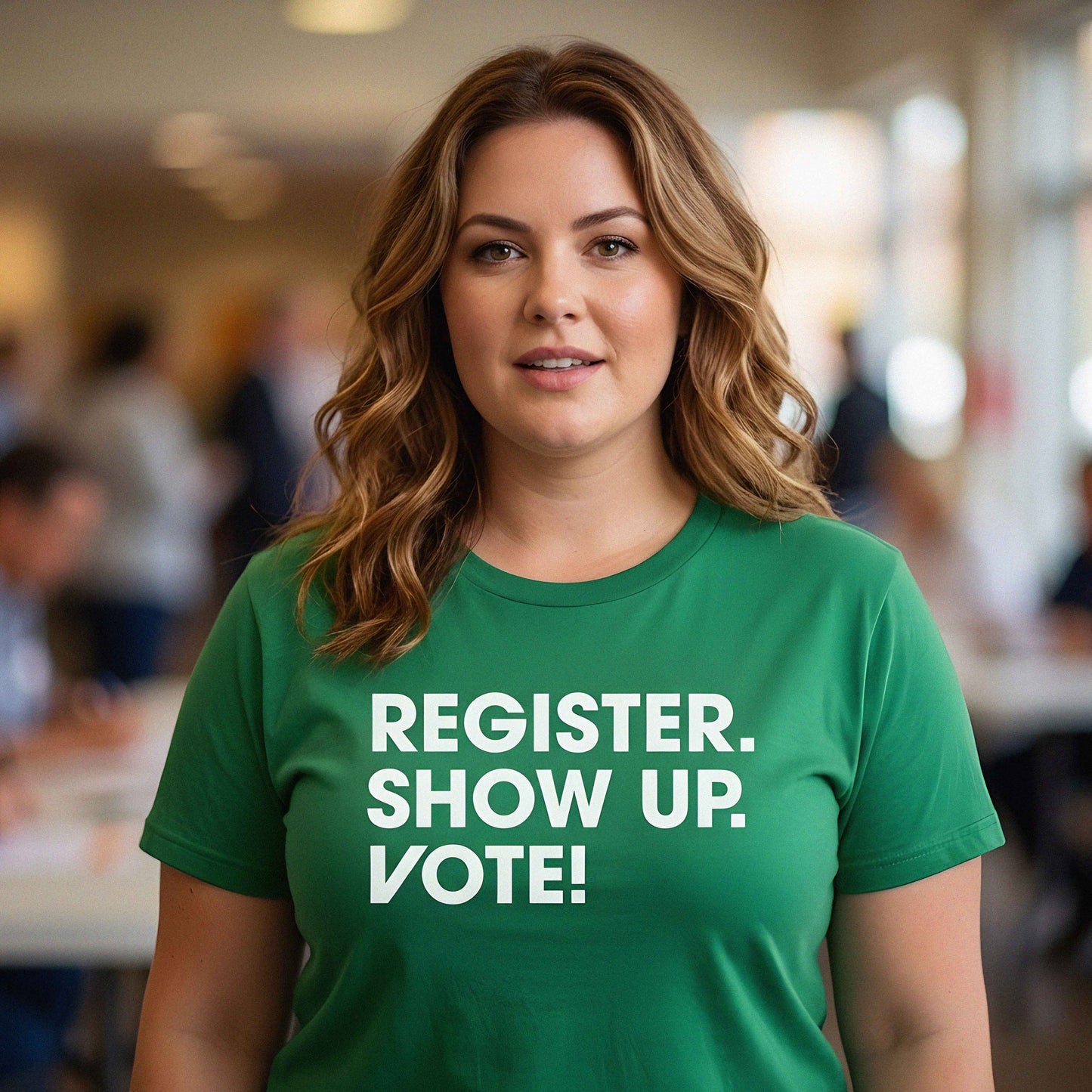 Woman wearing green civic engagement t-shirt featuring bold white “Register. Show Up. Vote!” typography in voter participation inspired political design.
