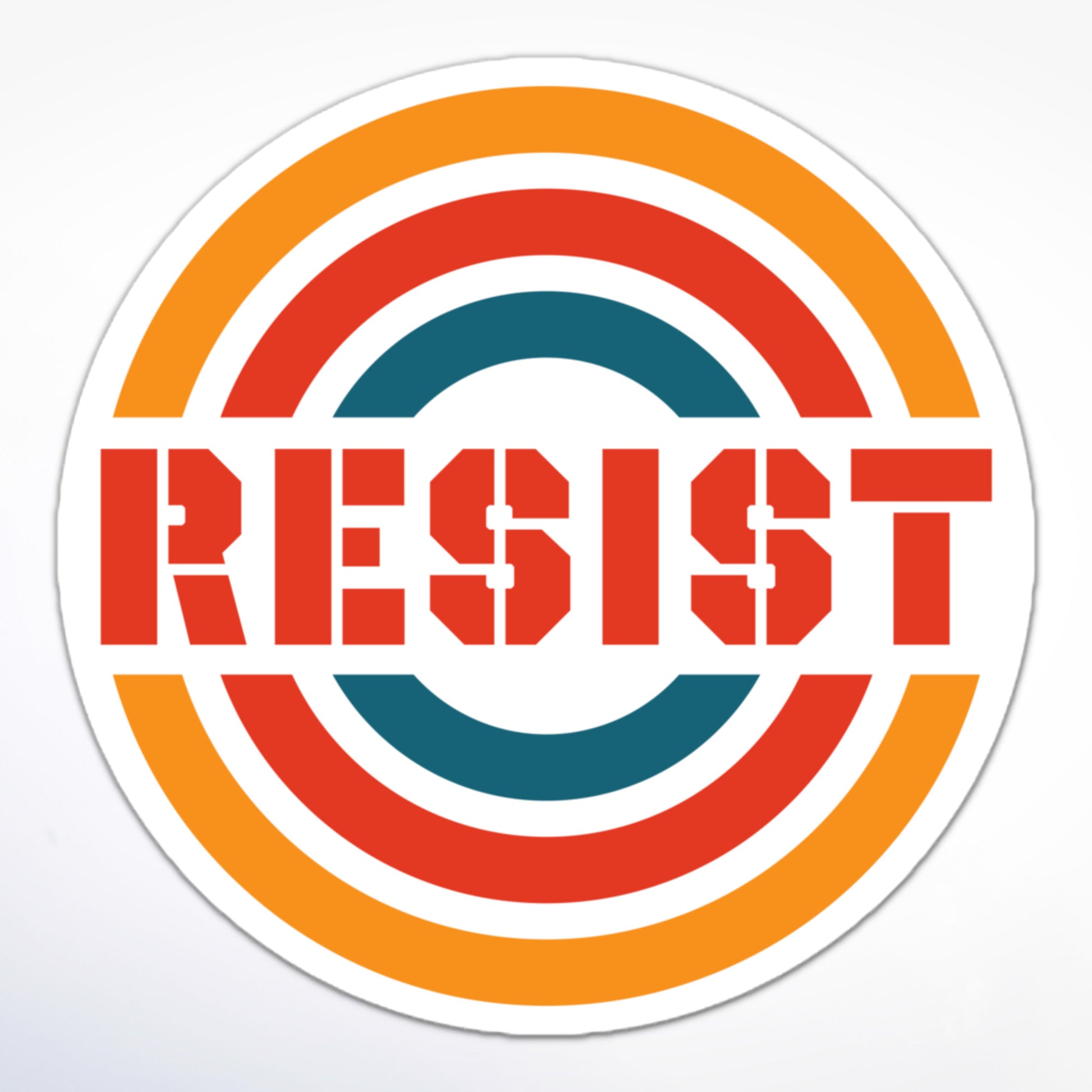 Protest sticker with RESIST slogan and stylized retro rings, perfect for anti-Trump statements.