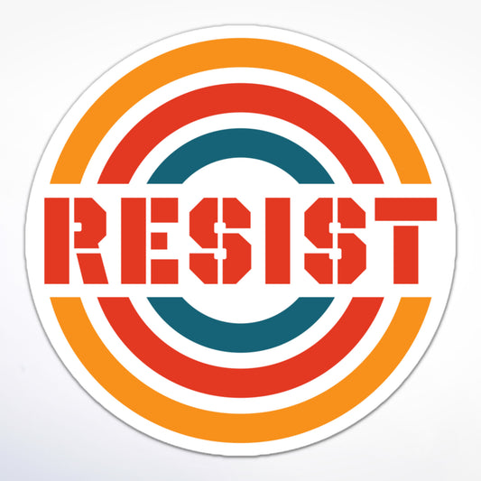 Protest sticker with RESIST slogan and stylized retro rings, perfect for anti-Trump statements.