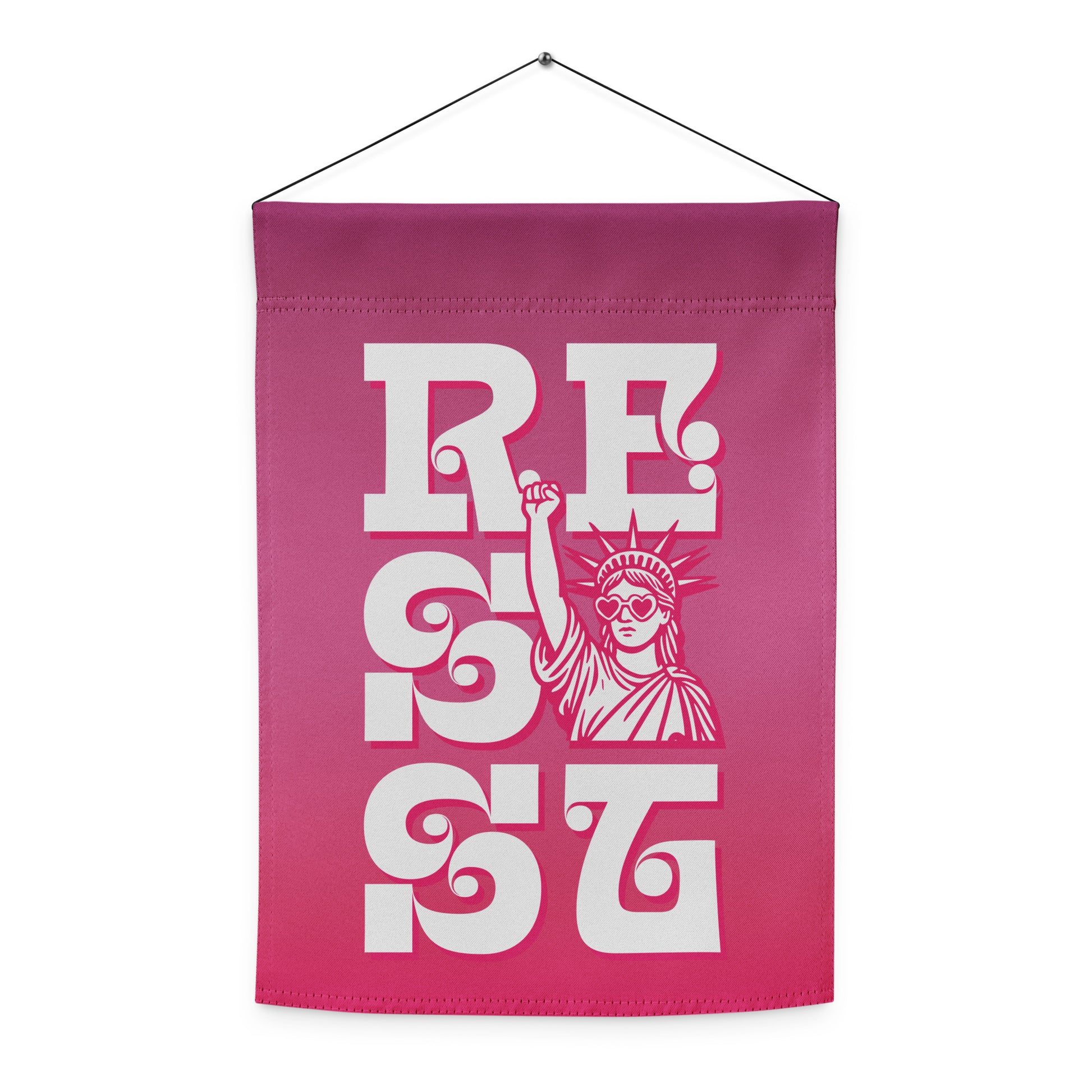 Hanging pink garden flag featuring vertical “RESIST” typography and Liberty illustration, justice-focused outdoor decor for feminist and pro-democracy homes.