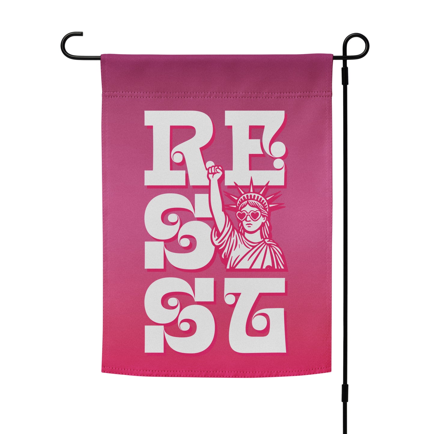 Pink garden flag mockup on stand with stacked white “RESIST” lettering and Statue of Liberty graphic in bold feminist activism design.