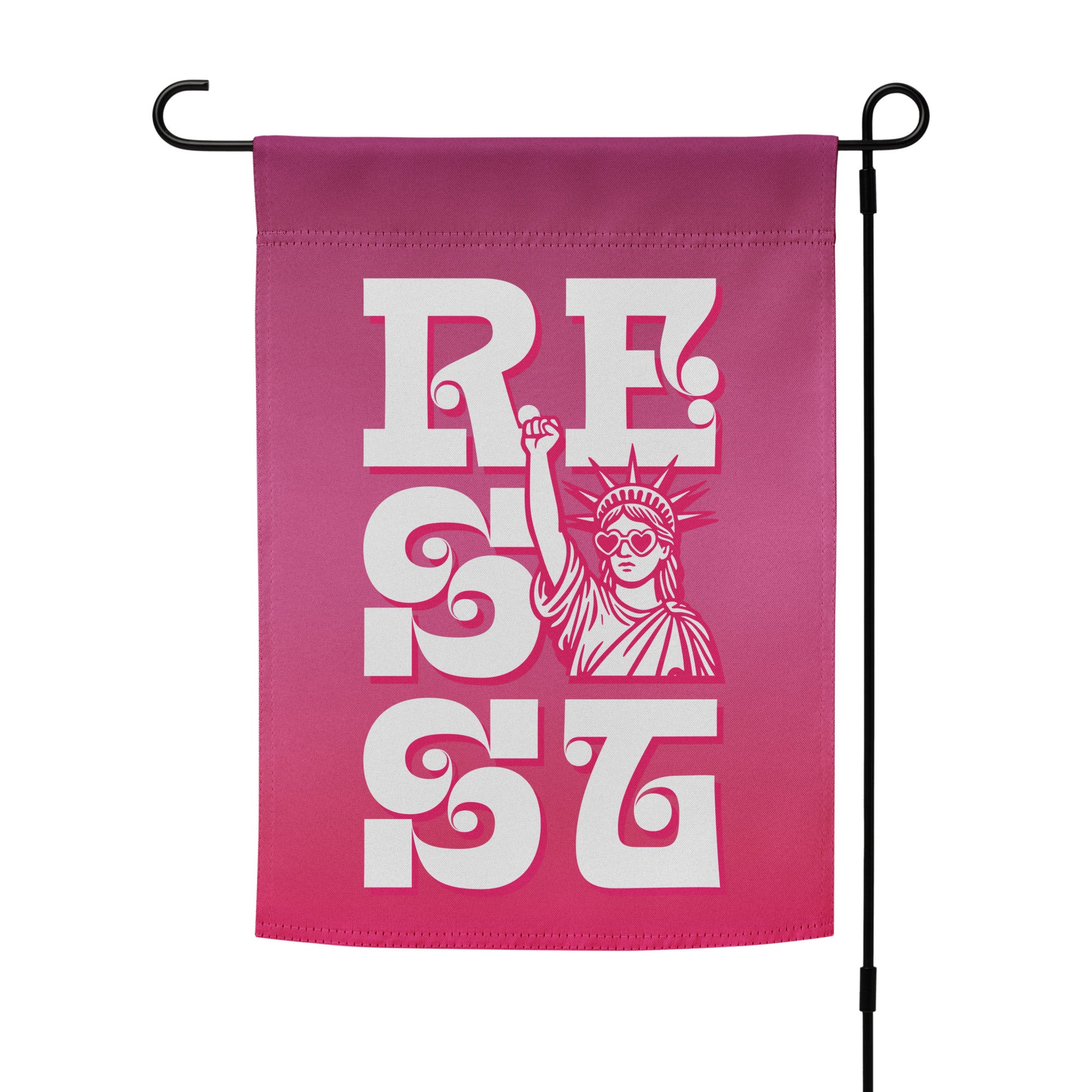 Pink garden flag mockup on stand with stacked white “RESIST” lettering and Statue of Liberty graphic in bold feminist activism design.