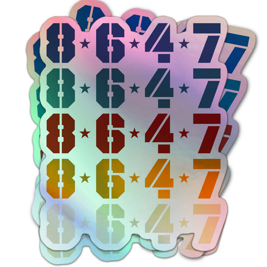 Subtle anti-Trump political protest sticker, holographic finish, with repeating 8647 FDT number pattern.