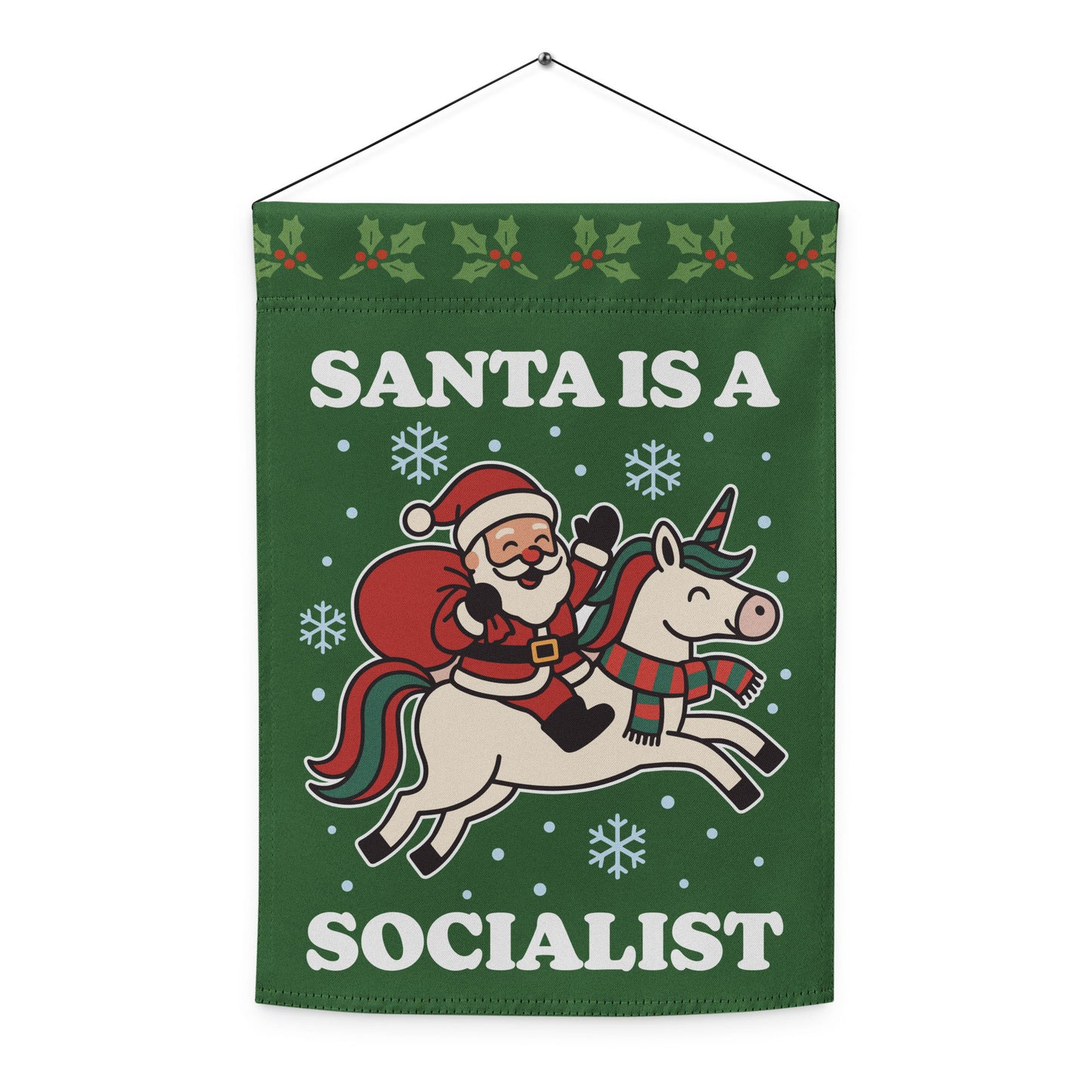 Green hanging garden flag featuring a vintage Santa riding a unicorn, decorative snowflakes, and the printed message “SANTA IS A SOCIALIST,” designed by Blue Wave USA.