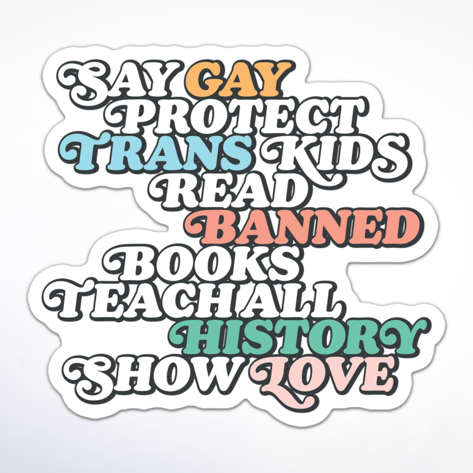 Inclusive education and LGBTQ+ advocacy sticker with bright lettering and a playful design, reading “Say Gay, Protect Trans Kids, Read Banned Books, Teach All History, Show Love.”