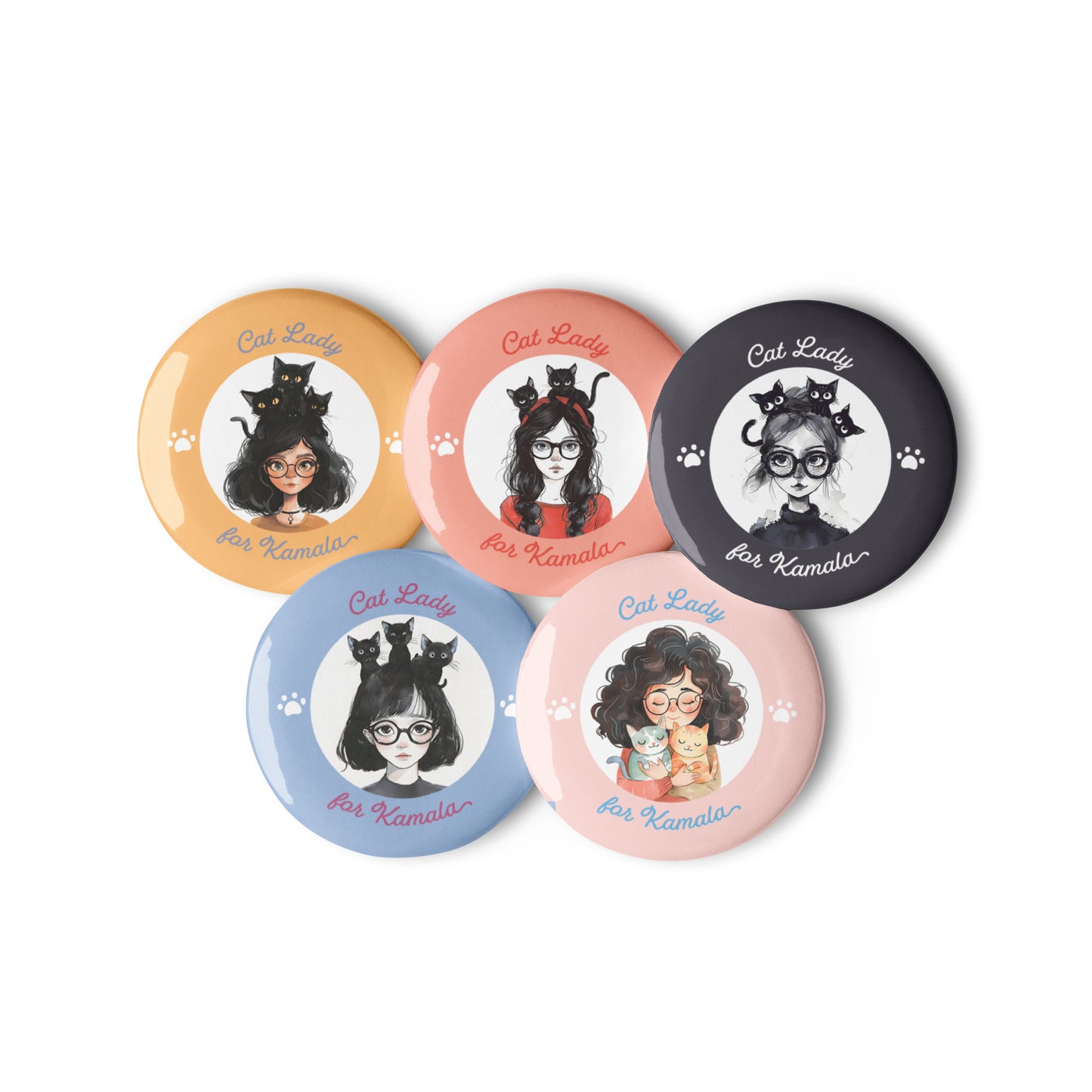 Cat Lady For Kamala Harris 2024 Set of Pin Buttons