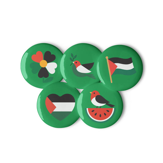 Set of 5 Free Palestine anti-war pin buttons with designs including flag, dove, bird with olive branch, watermelon, and heart, displayed on green background.