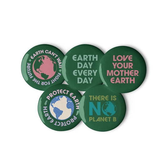 Set of 5 Earth Day eco activist pin buttons with slogans including “Earth Can’t Wait,” “Protect Earth,” “Earth Day Every Day,” “Love Your Mother Earth,” and “There Is No Planet B,” displayed on green background.