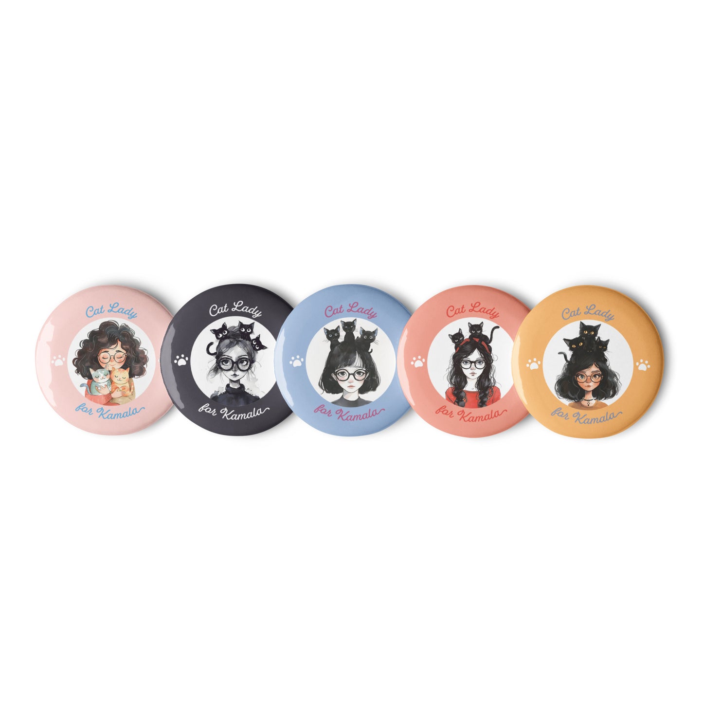 Cat Lady For Kamala Harris 2024 Set of Pin Buttons