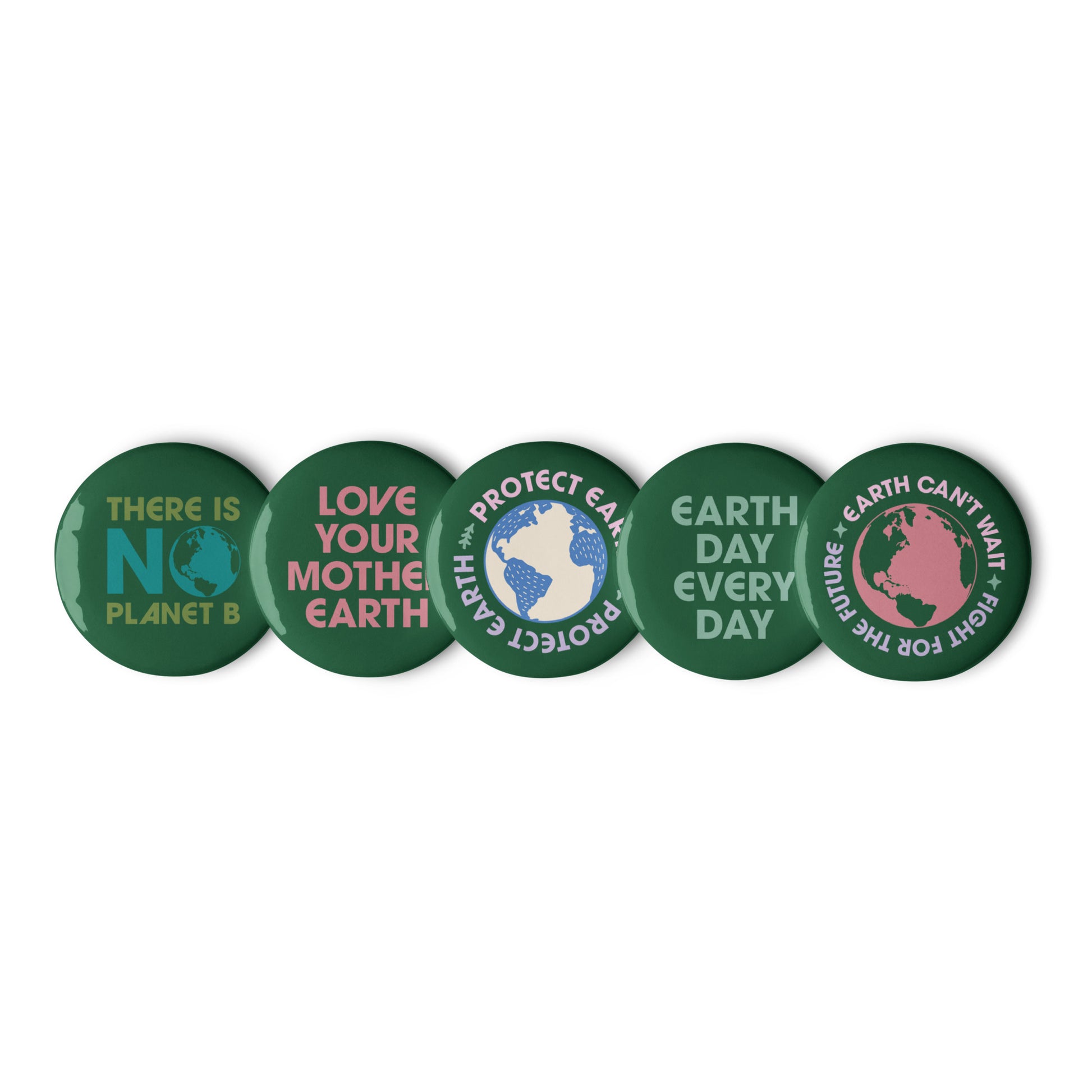Five climate change awareness pin buttons shown in a row with Earth Day, sustainability, and environmental justice messages, Blue Wave USA progressive products.