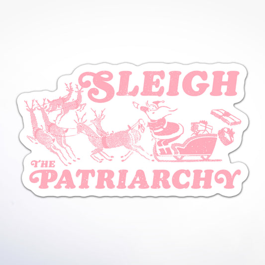 Holiday-themed feminist sticker in pink, with Santa Claus riding a sleigh pulled by reindeer and the phrase “Sleigh The Patriarchy.”