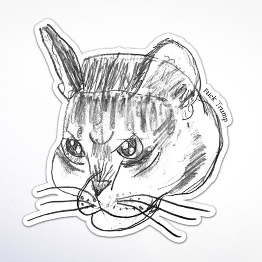 Subtle anti-Trump cat sketch protest sticker with “Fuck Trump” microtext.