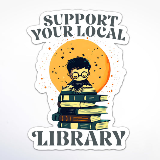 Support Your Local Library sticker featuring a child bookworm on book stack, orange moon background, cozy and whimsical design.