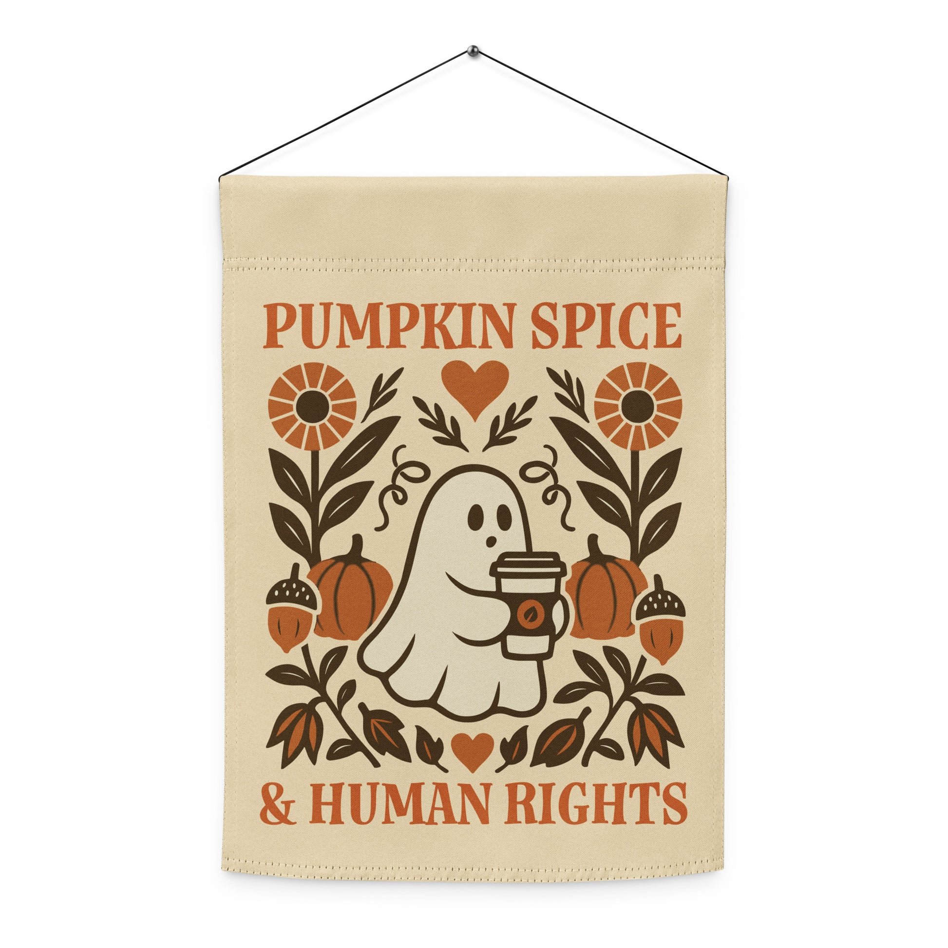 Front view of the “Pumpkin Spice & Human Rights” garden flag with ghost holding coffee, rustic pumpkin accents, sold by Blue Wave USA progressive products.