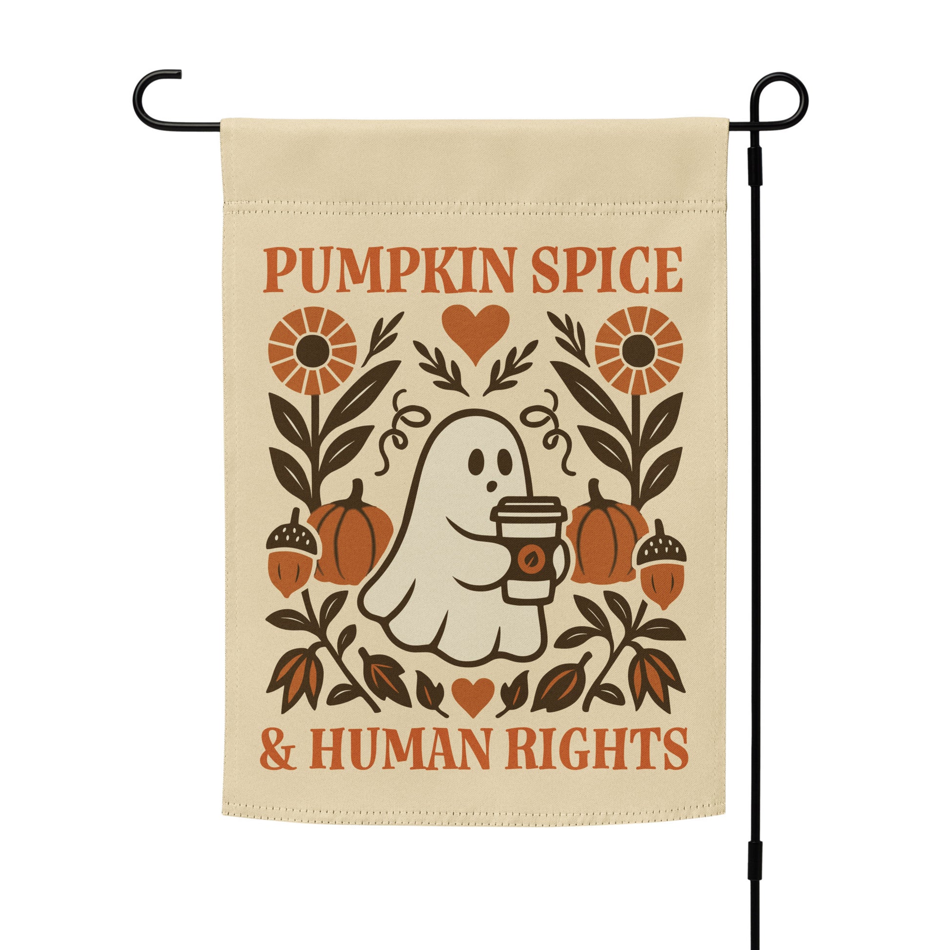 “Pumpkin Spice & Human Rights” Thanksgiving garden flag with autumn folk-art design displayed on a flag stand outdoors.