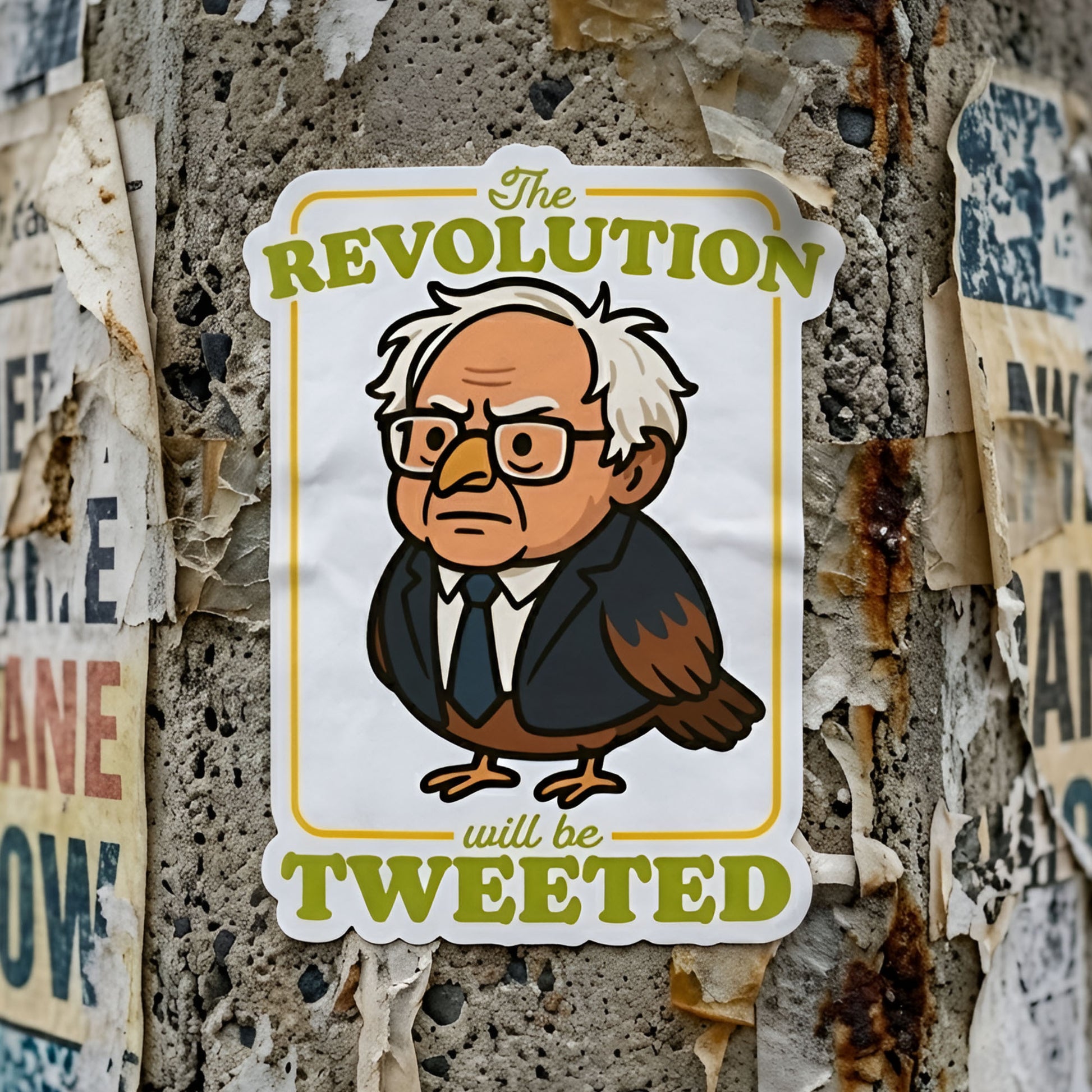 Die-cut sticker featuring cartoon Birdie Sanders portrait with “The Revolution Will Be Tweeted” text, playful political humor activist design on postered wall background.