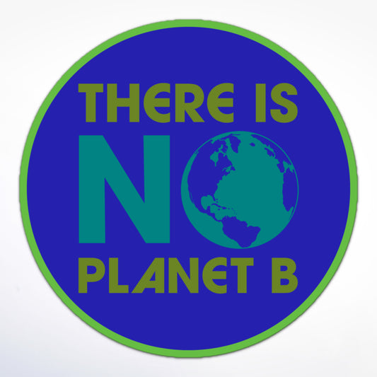 Environmental Earth Day sticker with “There Is No Planet B” slogan, blue background.