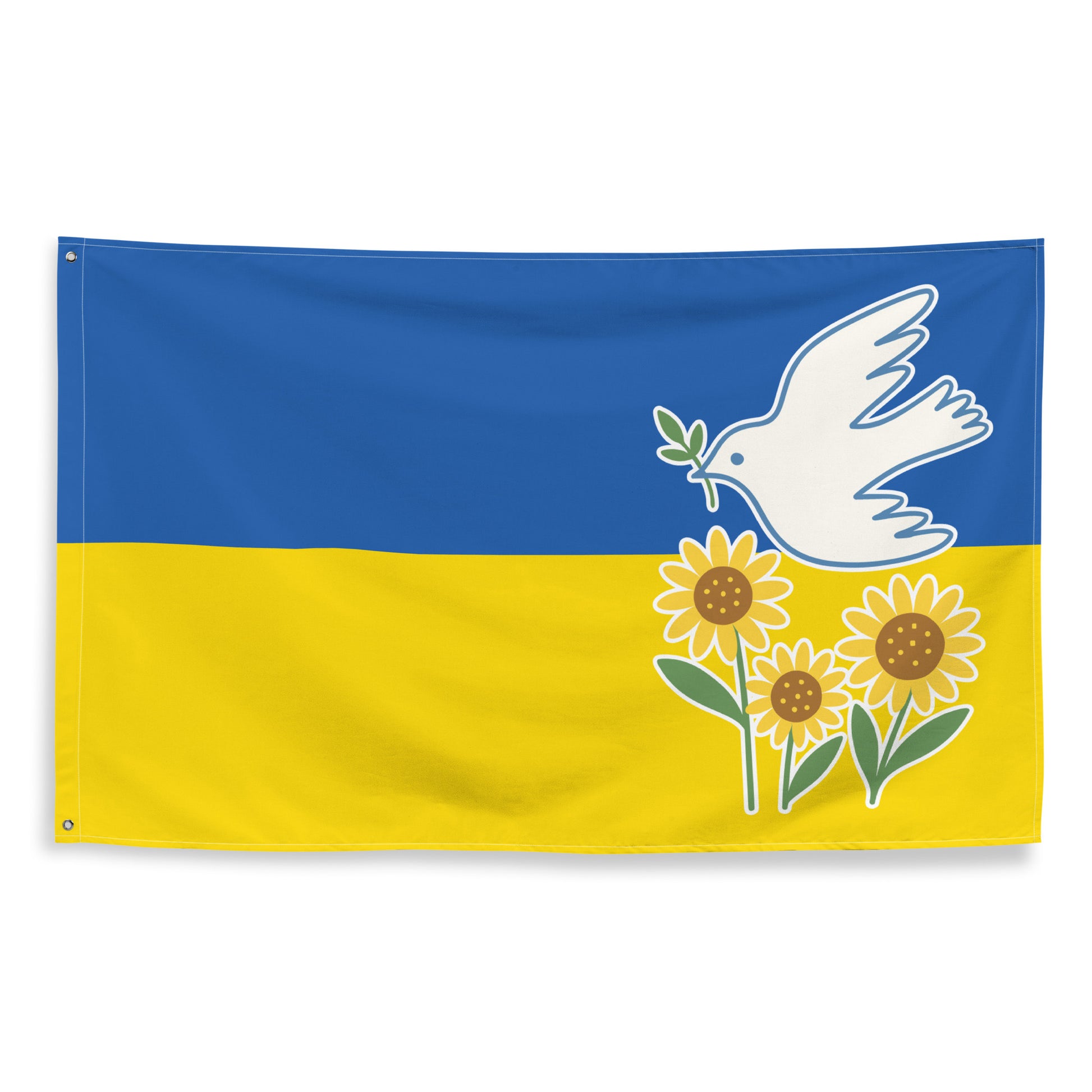 Ukraine Peace and Solidarity activist wall flag with peace dove and sunflower design on blue and yellow background.