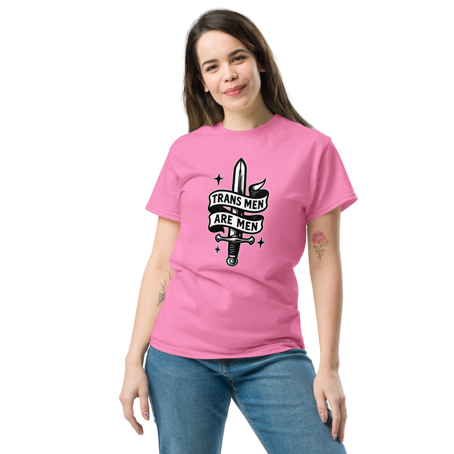 Female trans rights advocate wearing the pink "Trans Men Are Men" Trans Pride Trans Ally Unisex Classic Tee