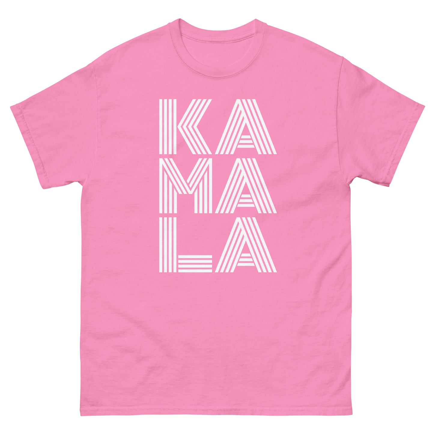 Bright pink unisex classic tee with bold stacked “KAMALA” lettering in white linear typography.