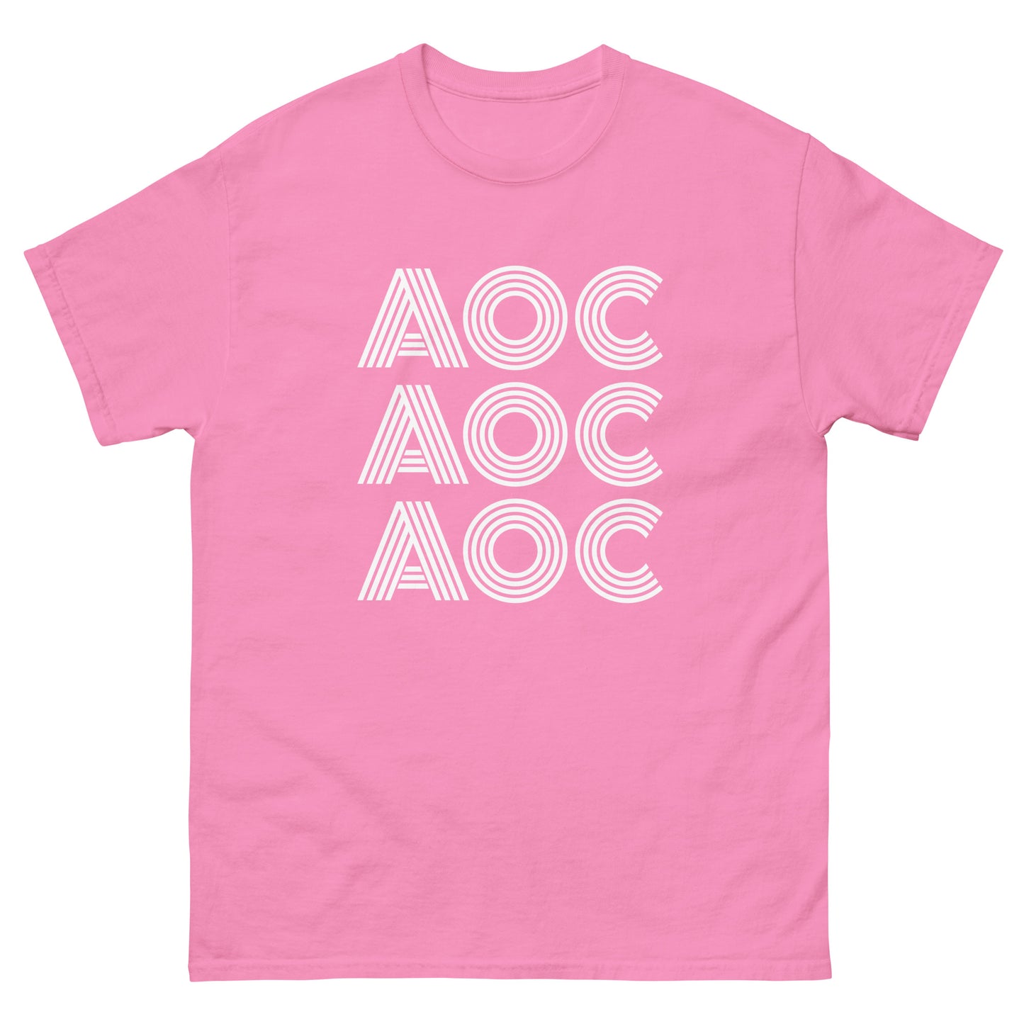 Bright pink unisex classic tee with stacked “AOC” lettering repeated three times in bold white typography.