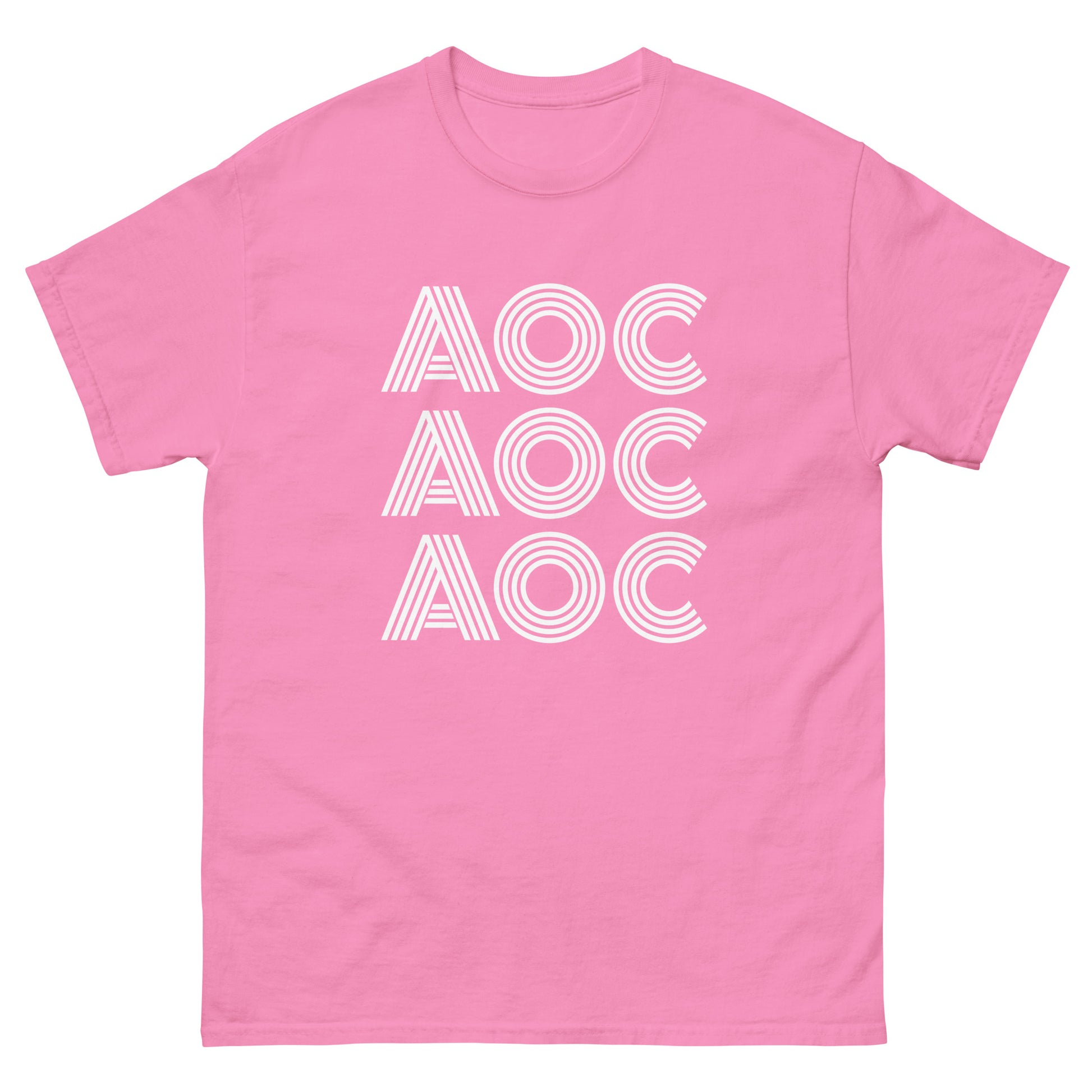Bright pink unisex classic tee with stacked “AOC” lettering repeated three times in bold white typography.