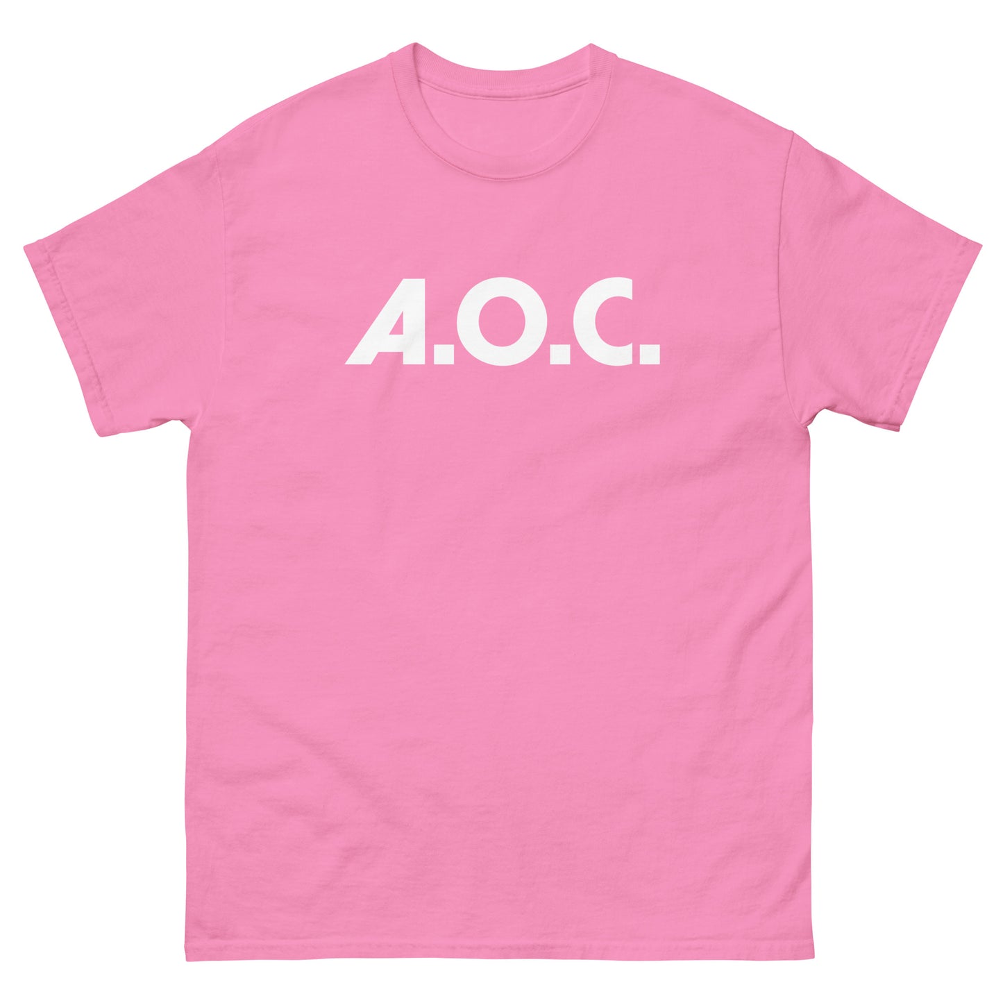 Bright pink unisex classic tee with centered “A.O.C.” typography in white lettering.