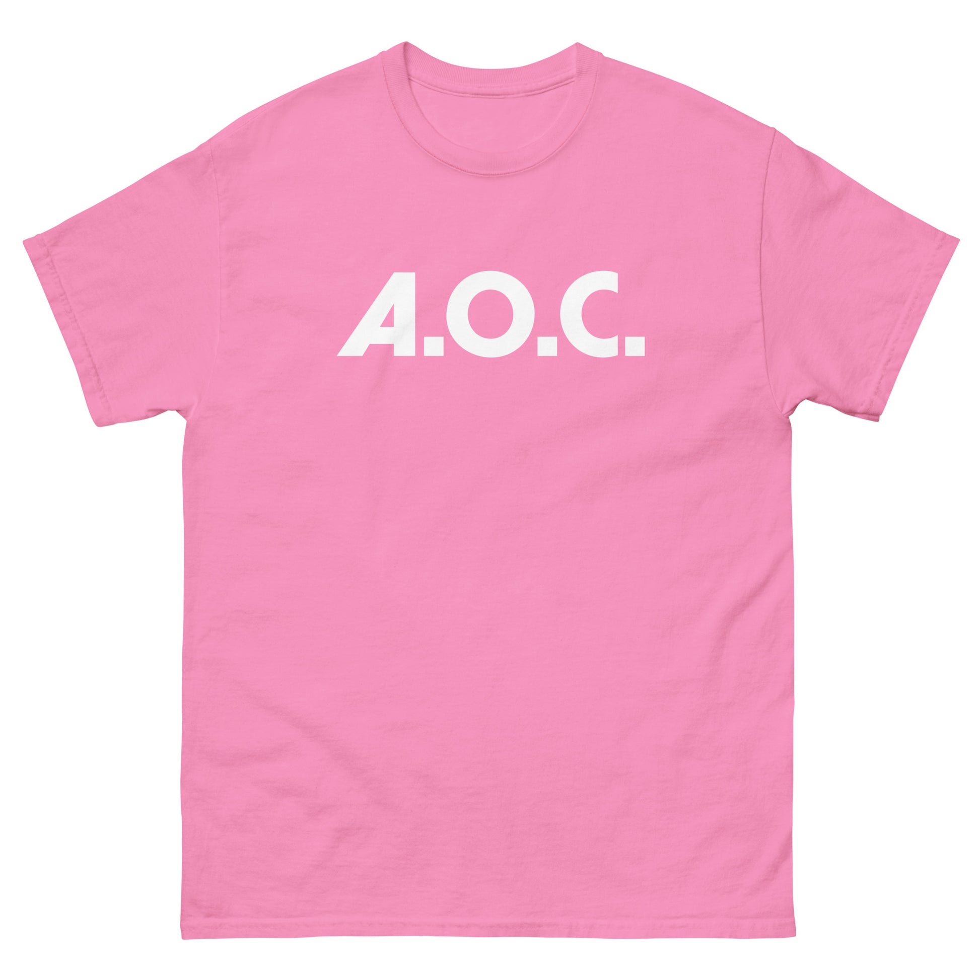Bright pink unisex classic tee with centered “A.O.C.” typography in white lettering.