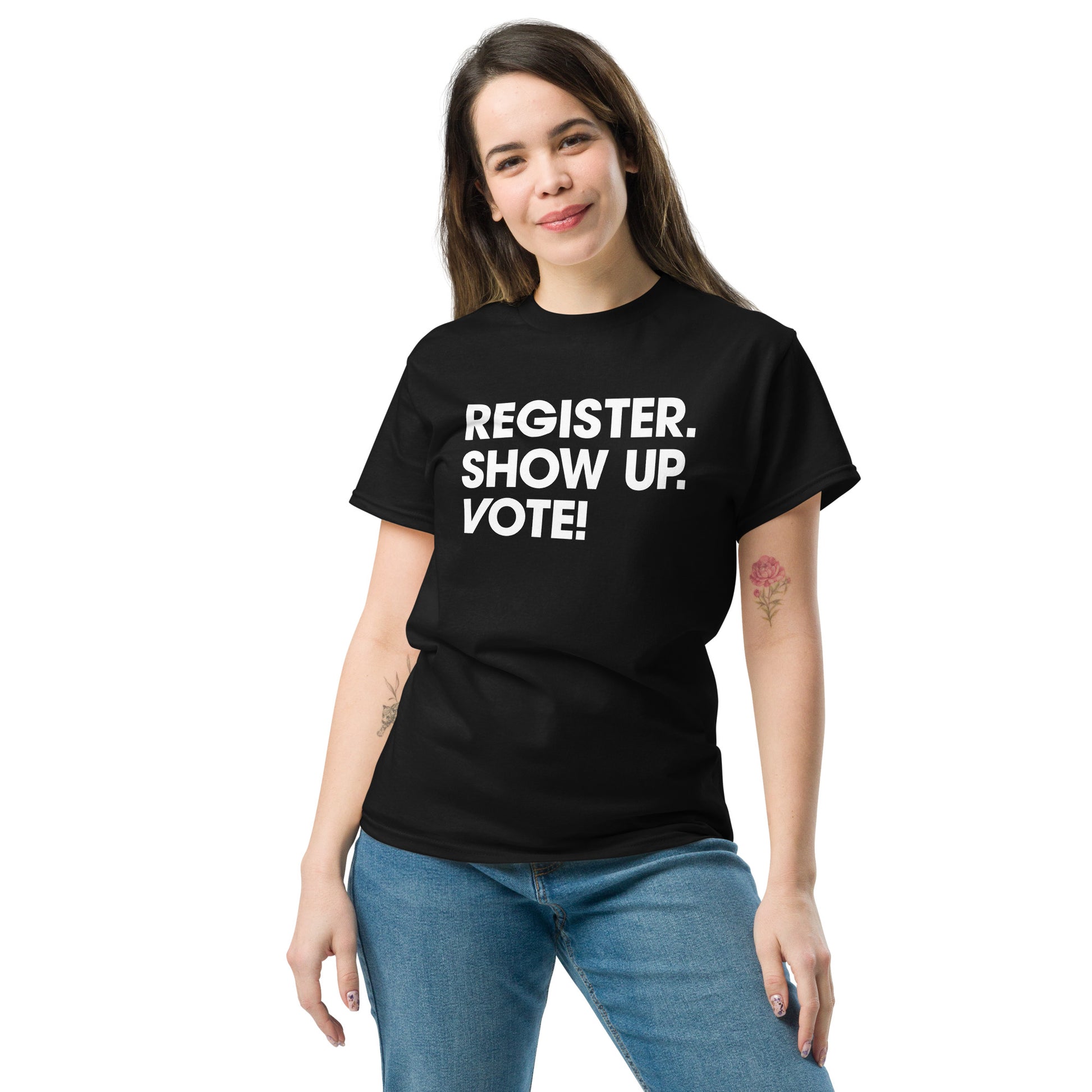 Lifestyle Image: Person wearing the “Register. Show Up. Vote!” shirt 