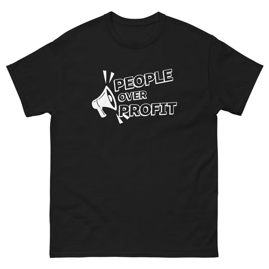 Front View Image: People Over Profit Megaphone Graphic Protest T-Shirt Front View