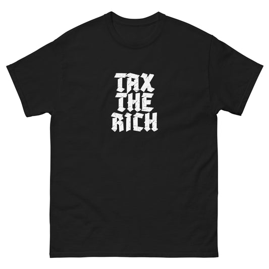 Front View Image: Tax The Rich Graphic T-Shirt Front View with Bold Lettering