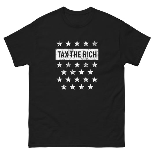 Front View Image: Tax The Rich Flag-Inspired Graphic T-Shirt with Distressed Stars