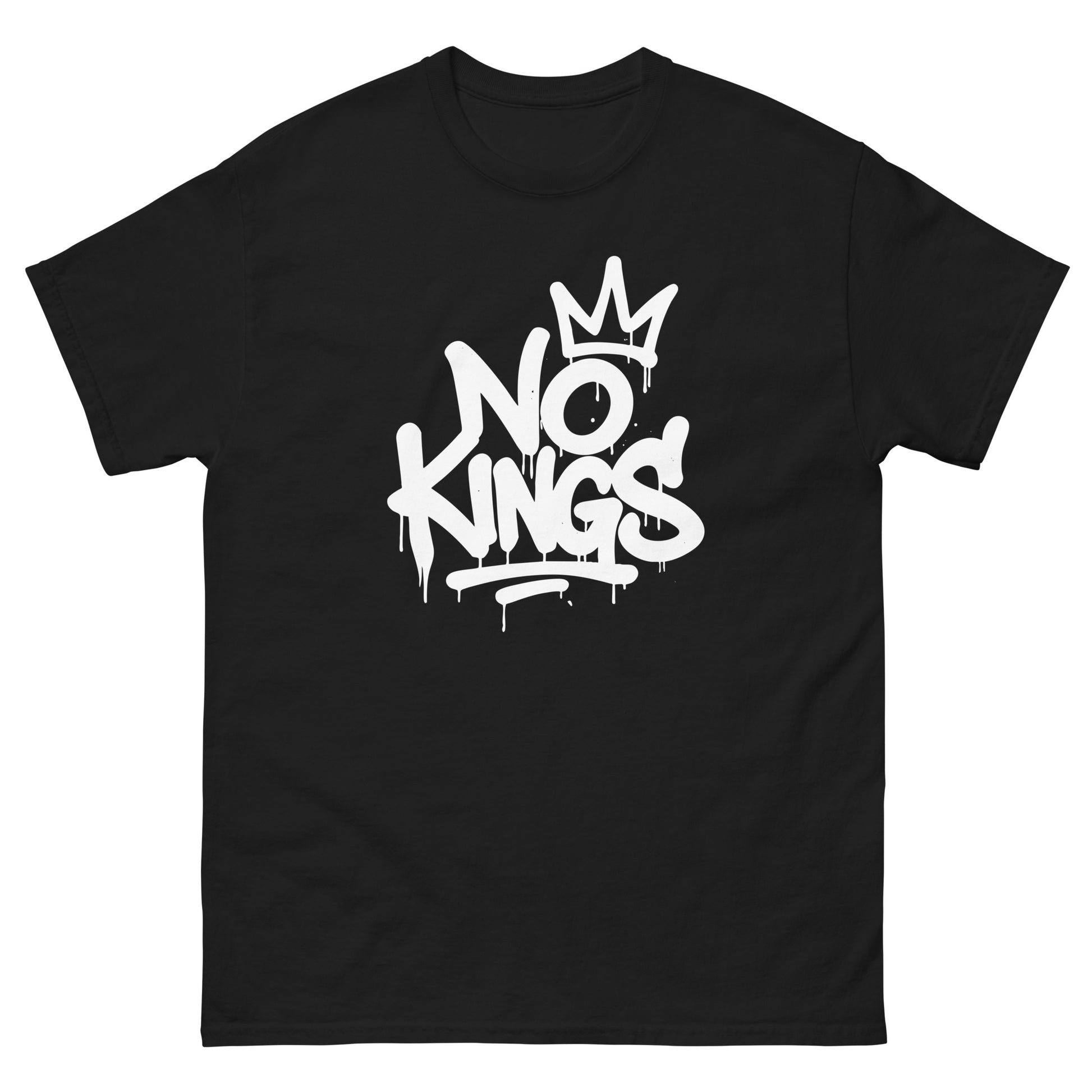 Front View Image: Black tee with white graffiti-style “No Kings” design and dripping crown