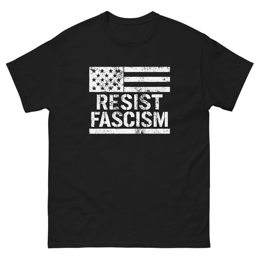 Front View Image: Black tee with distressed white U.S. flag above “RESIST FASCISM” bold stencil text