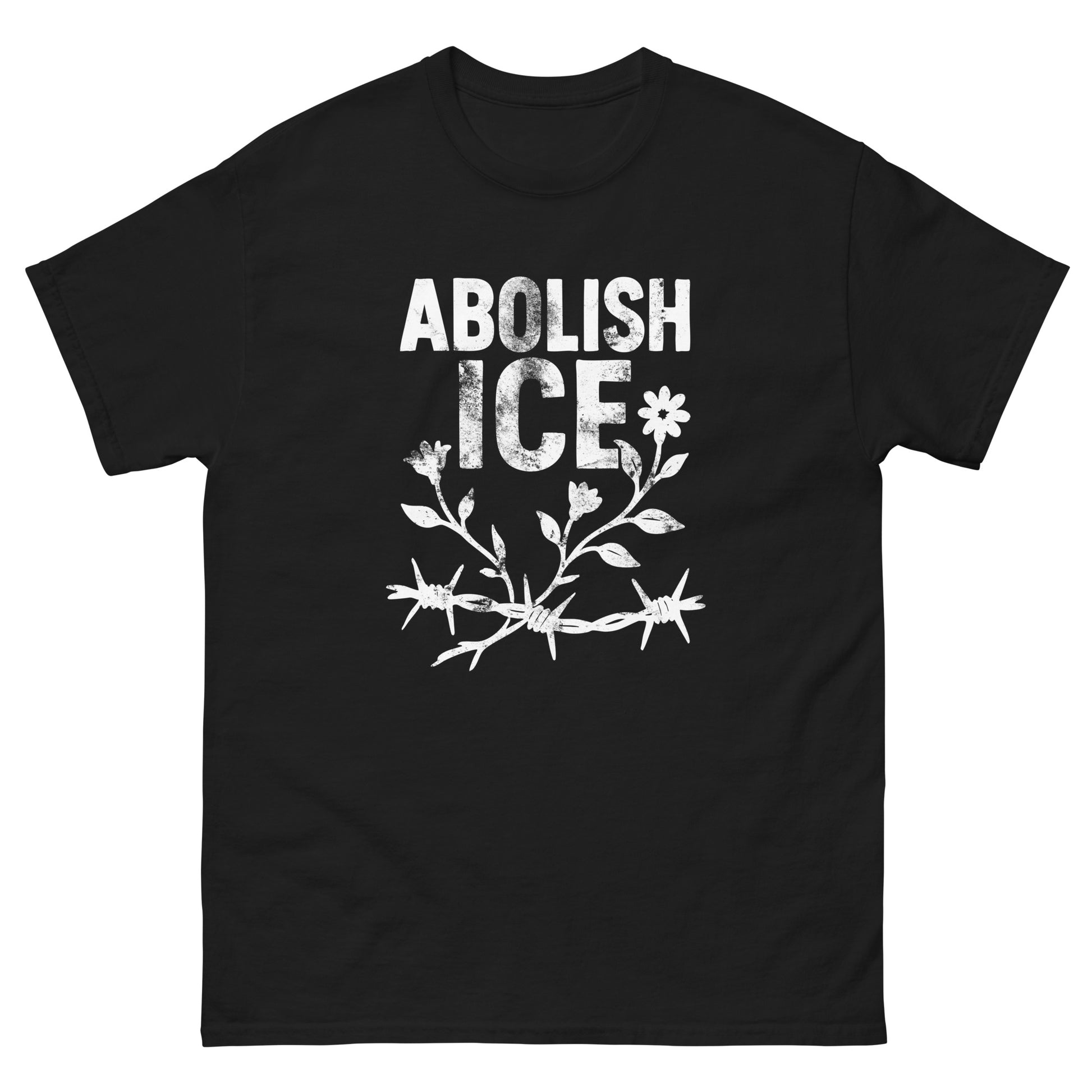 Front View Image: Abolish ICE tee with bold floral barbed wire protest graphic