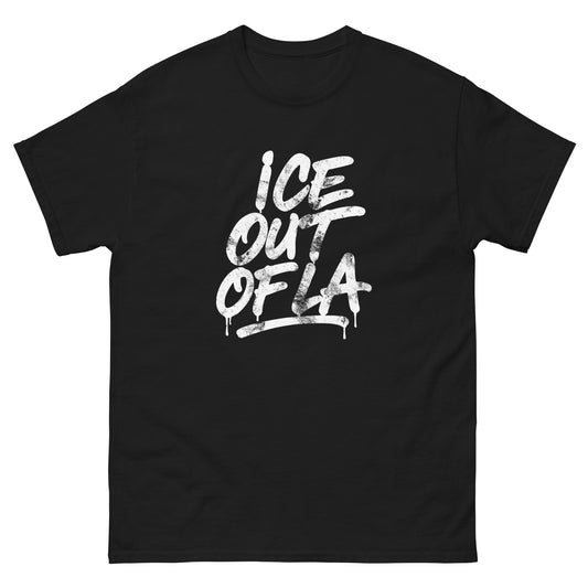 Front View Image: ICE OUT OF LA unisex tee with graffiti protest text