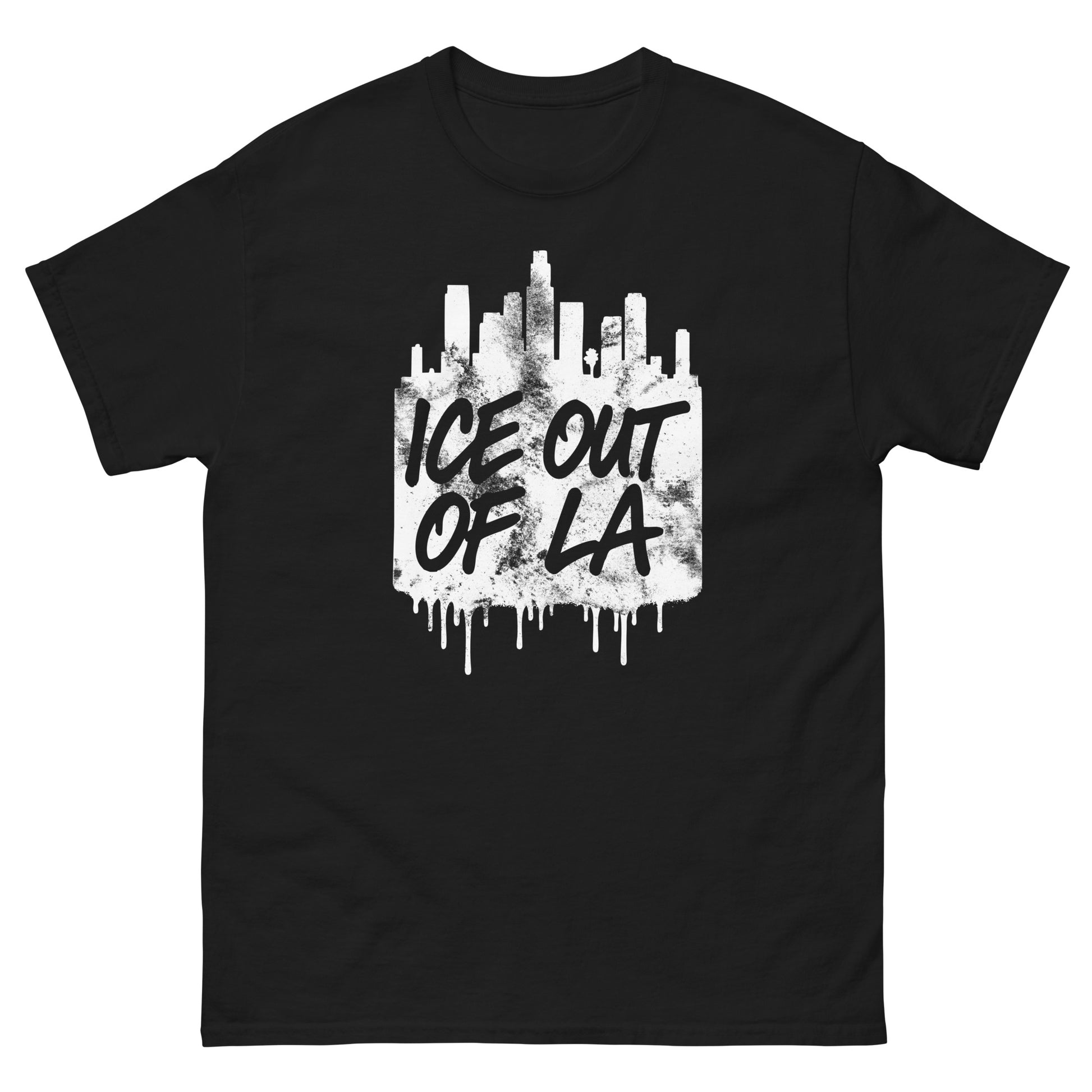 Front View Image: ICE OUT OF LA protest tee with LA skyline and dripping text
