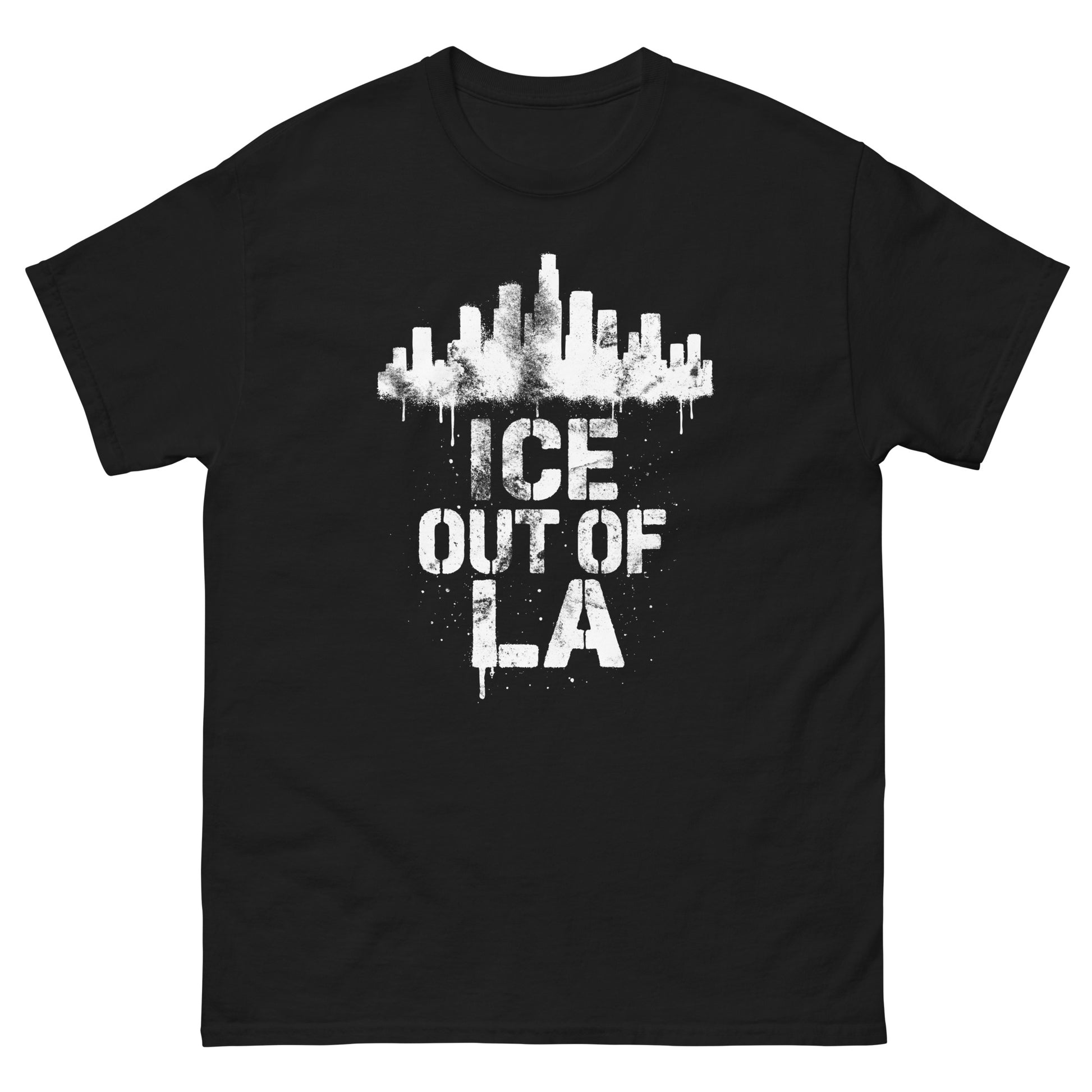 Front View Image: ICE OUT OF LA tee with spray-painted Los Angeles skyline and protest text