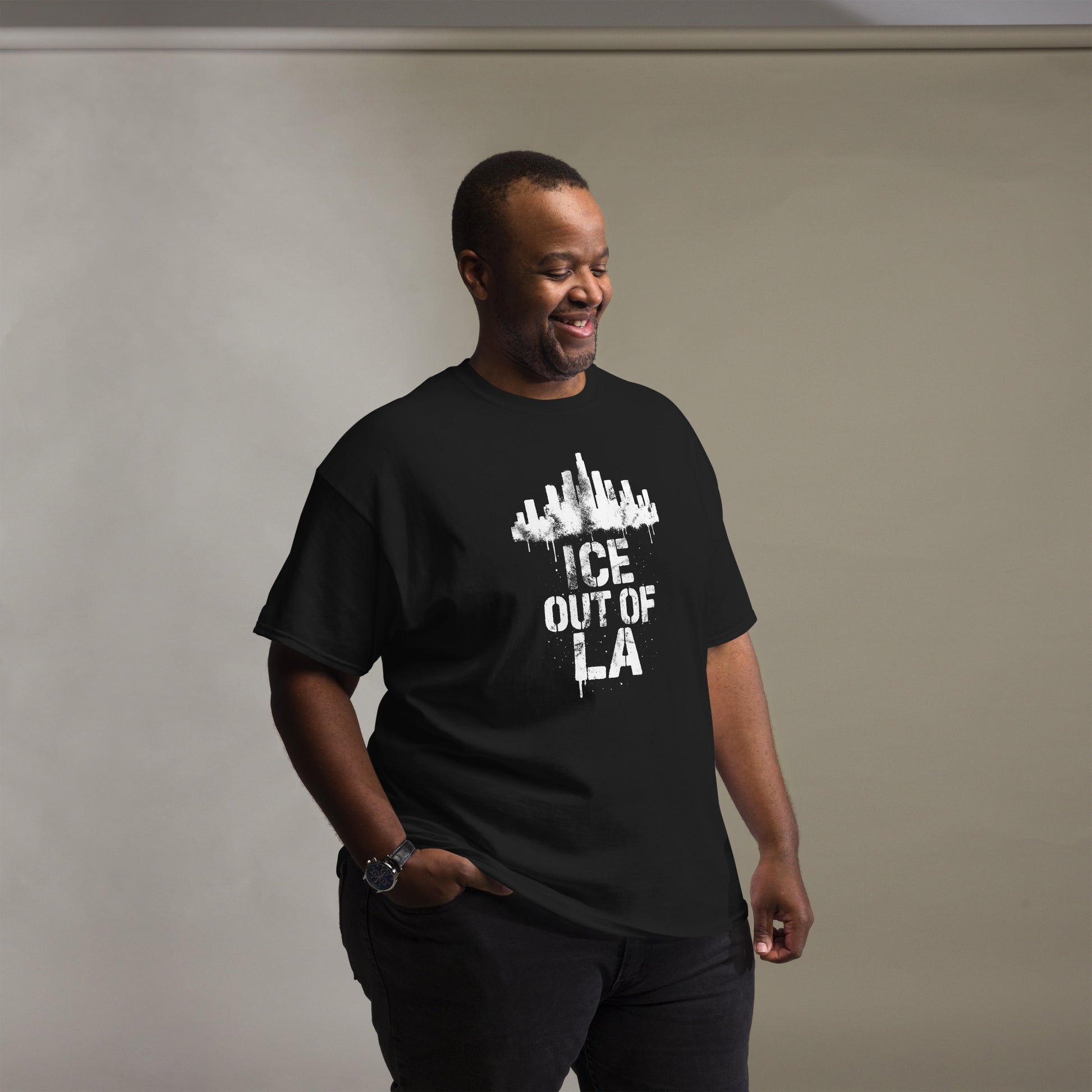 Lifestyle Image: Black Activist wearing ICE OUT OF LA urban resistance protest shirt