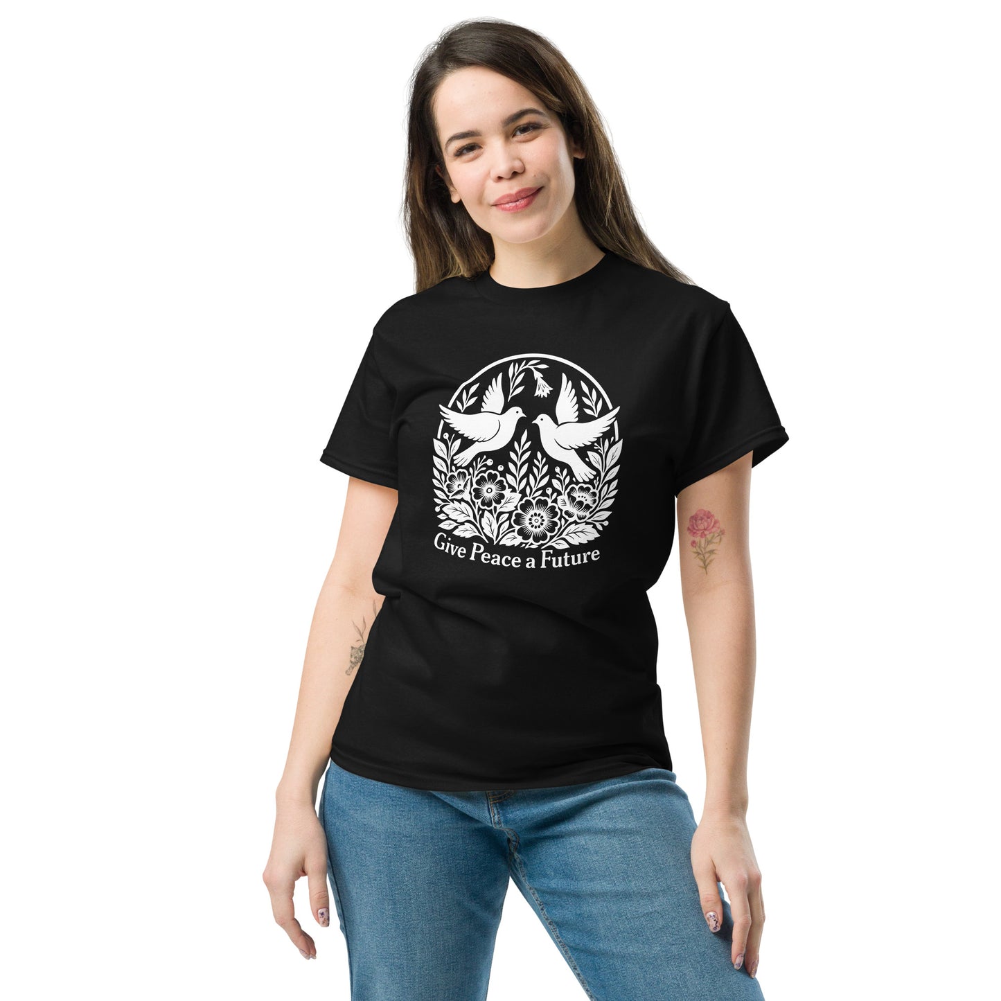 Female activist wearing the Give Peace A Future | Anti-War Doves & Flowers Unisex Classic Tee