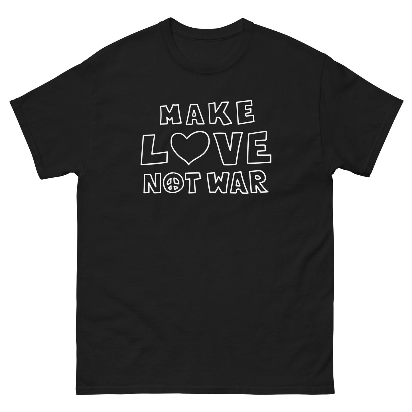 Front view of the "Make Love Not War" Peace & Love Anti-War Unisex Classic Tee