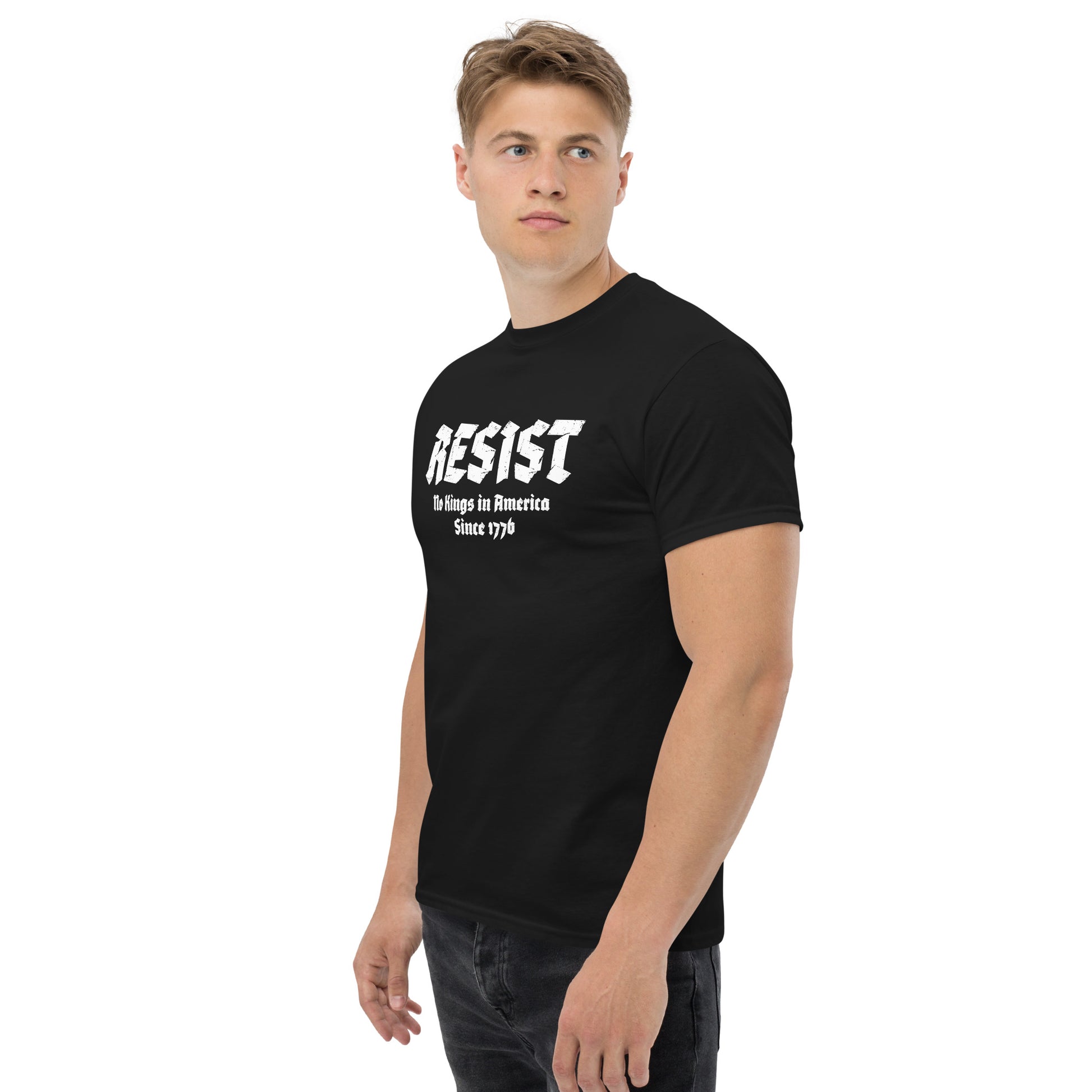 Lifestyle Image: BMale Protester wearing “RESIST – No Kings In America Since 1776” protest shirt 