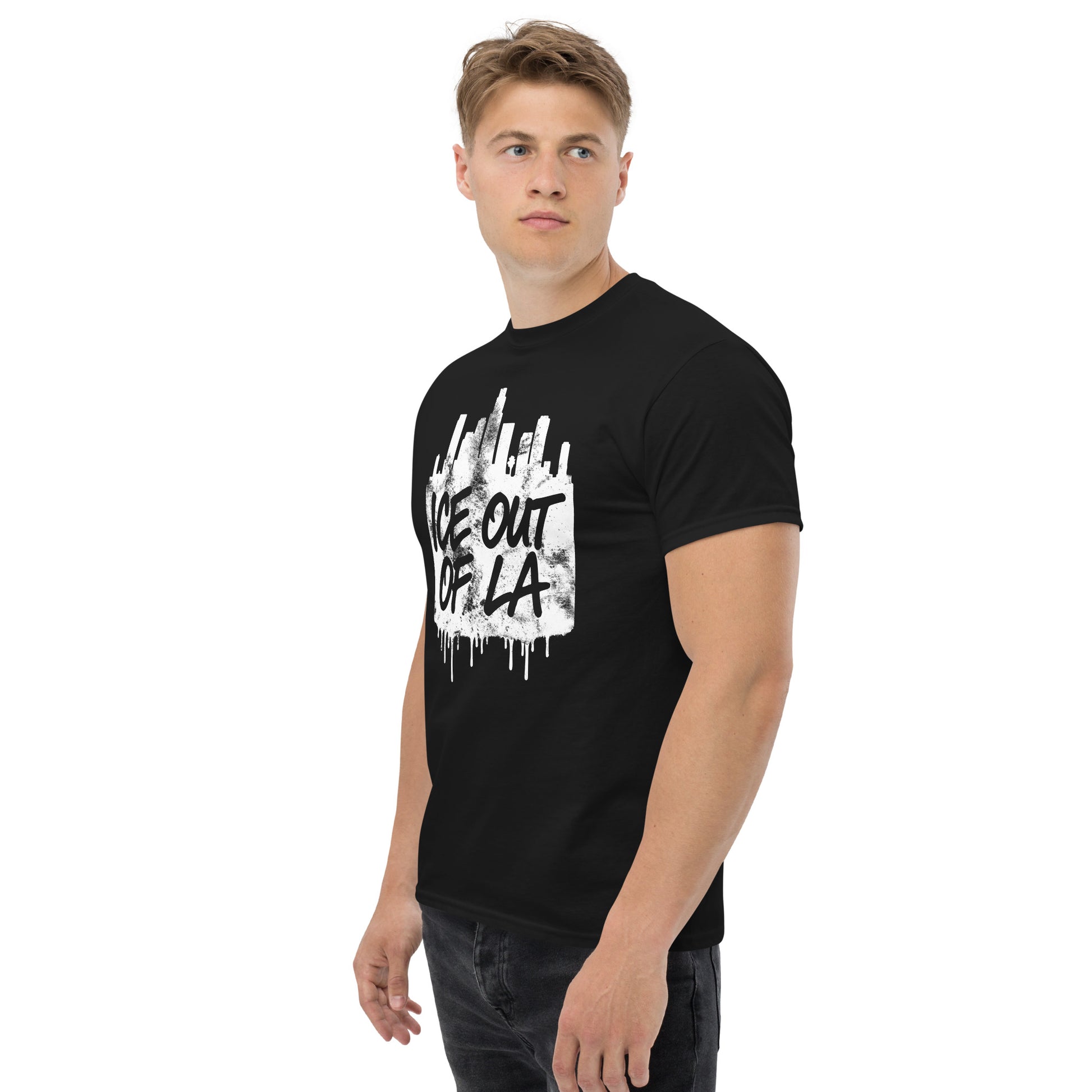 Lifestyle Image: Activist wearing ICE OUT OF LA anti-deportation LA streetwear shirt