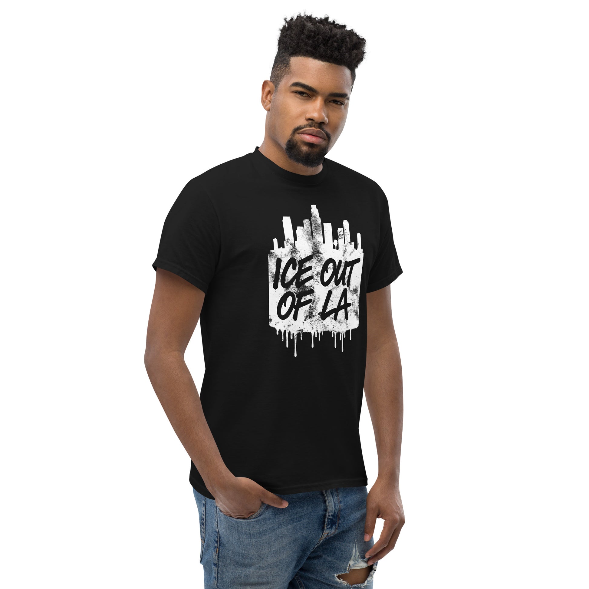 Lifestyle Image: Black Activist wearing ICE OUT OF LA anti-deportation LA streetwear shirt