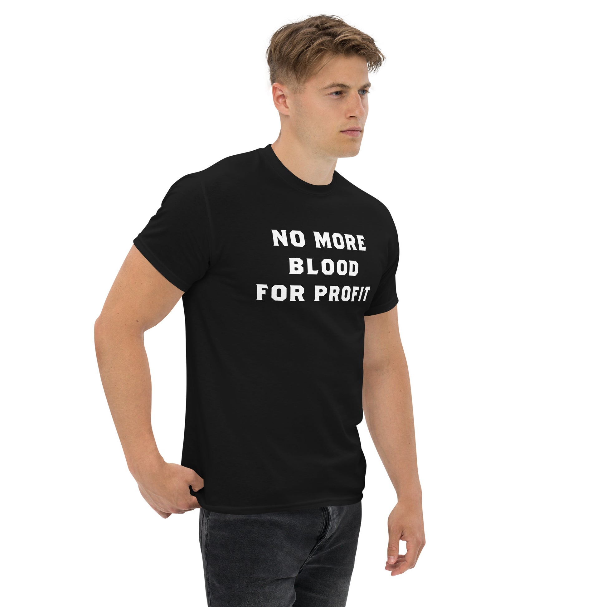 Male peace activist wearing the No More Blood For Profit | Anti-War Peace Activism Shirt 