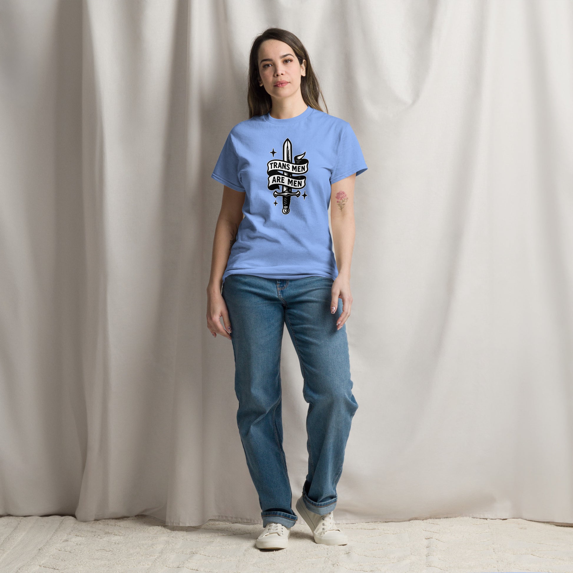 Female trans rights advocate wearing  the "Trans Men Are Men" Trans Pride Trans Ally Unisex Classic Tee