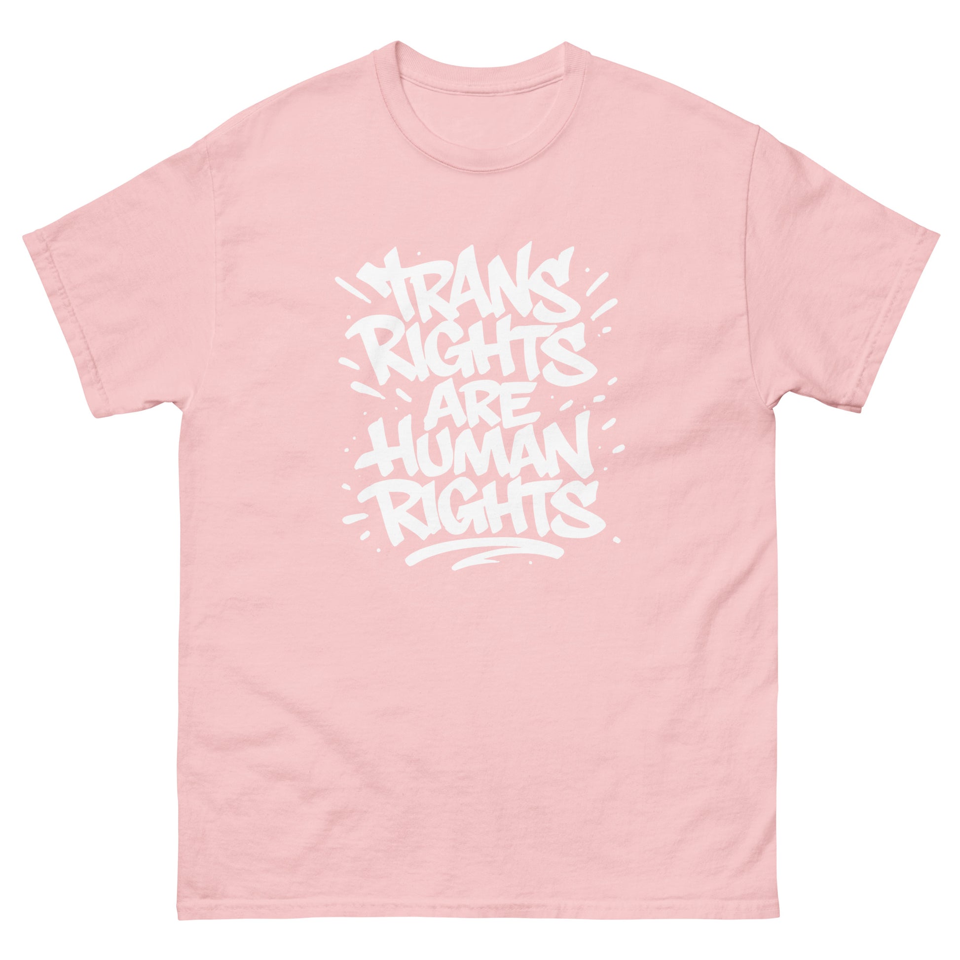 Light pink unisex classic t-shirt featuring bold hand-lettered burst typography reading “Trans Rights Are Human Rights,” progressive trans rights apparel by Blue Wave USA.